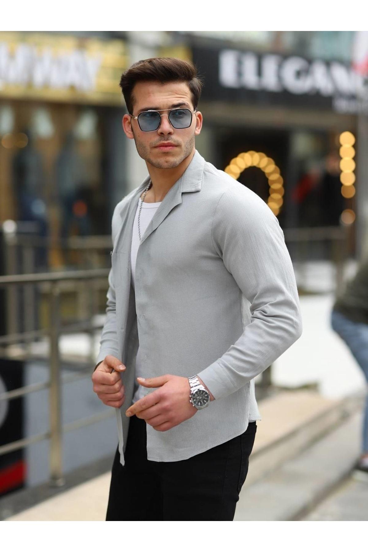 Erkek Trend Kruvaze Yaka Şık Gri Keten Gömlek