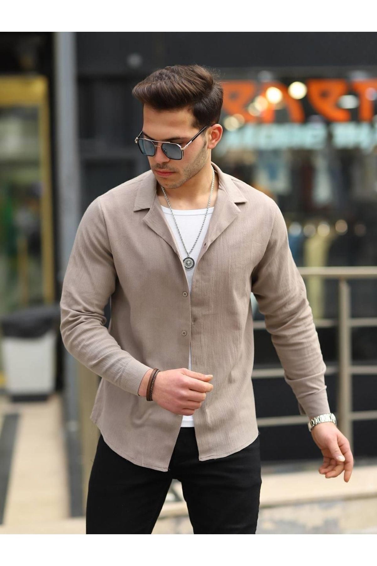 Erkek Trend Kruvaze Yaka Şık Kahve Keten Gömlek