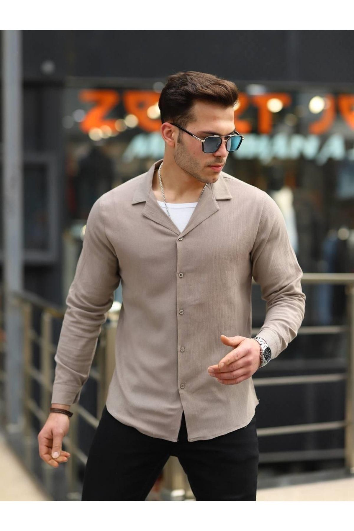Erkek Trend Kruvaze Yaka Şık Kahve Keten Gömlek