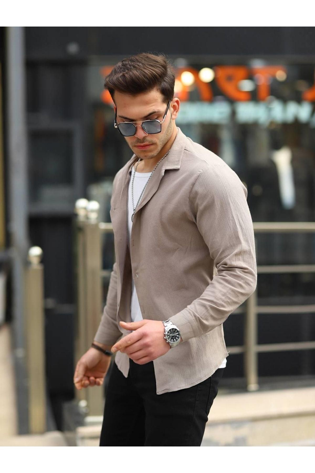 Erkek Trend Kruvaze Yaka Şık Kahve Keten Gömlek