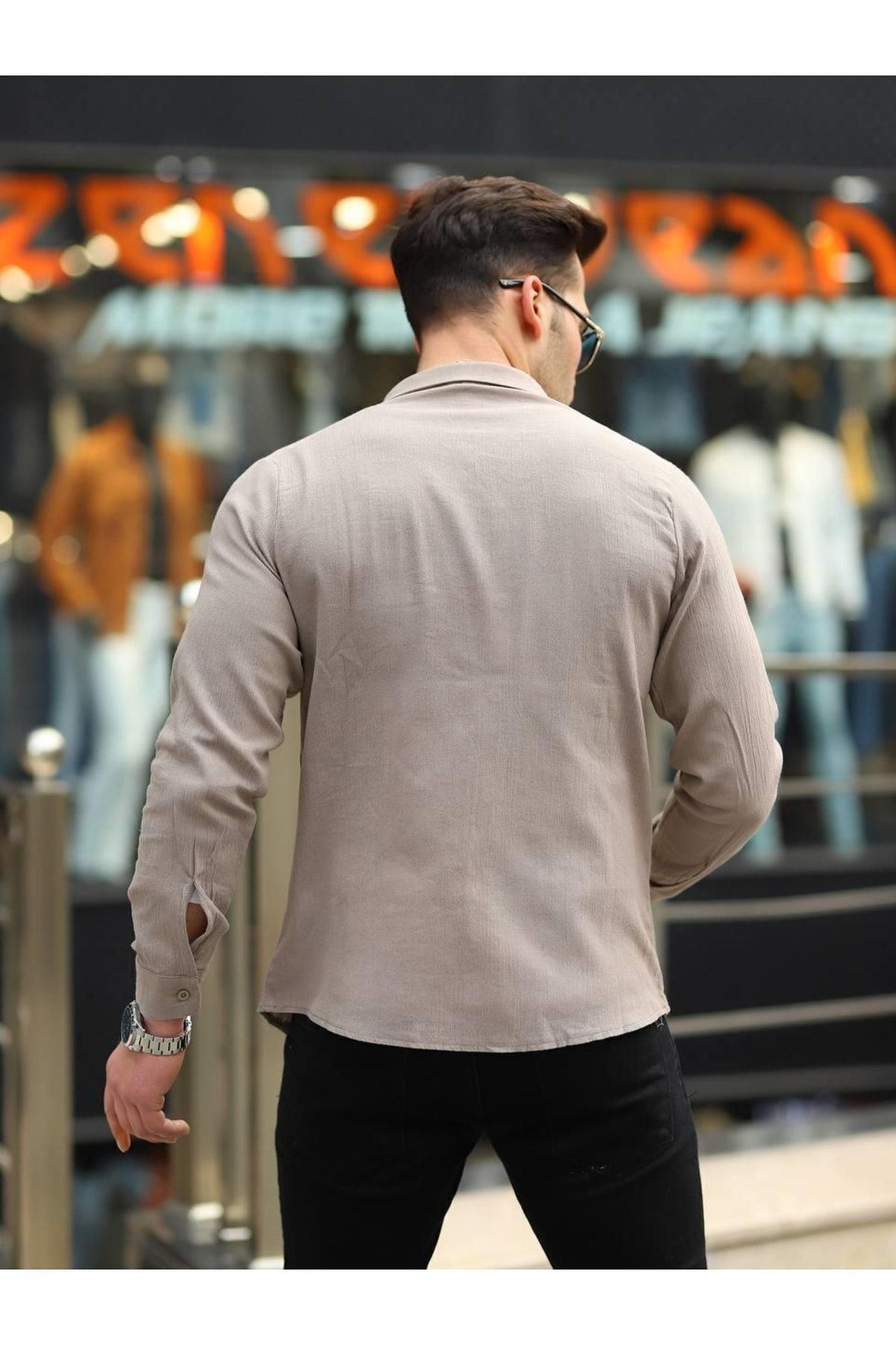 Erkek Trend Kruvaze Yaka Şık Kahve Keten Gömlek