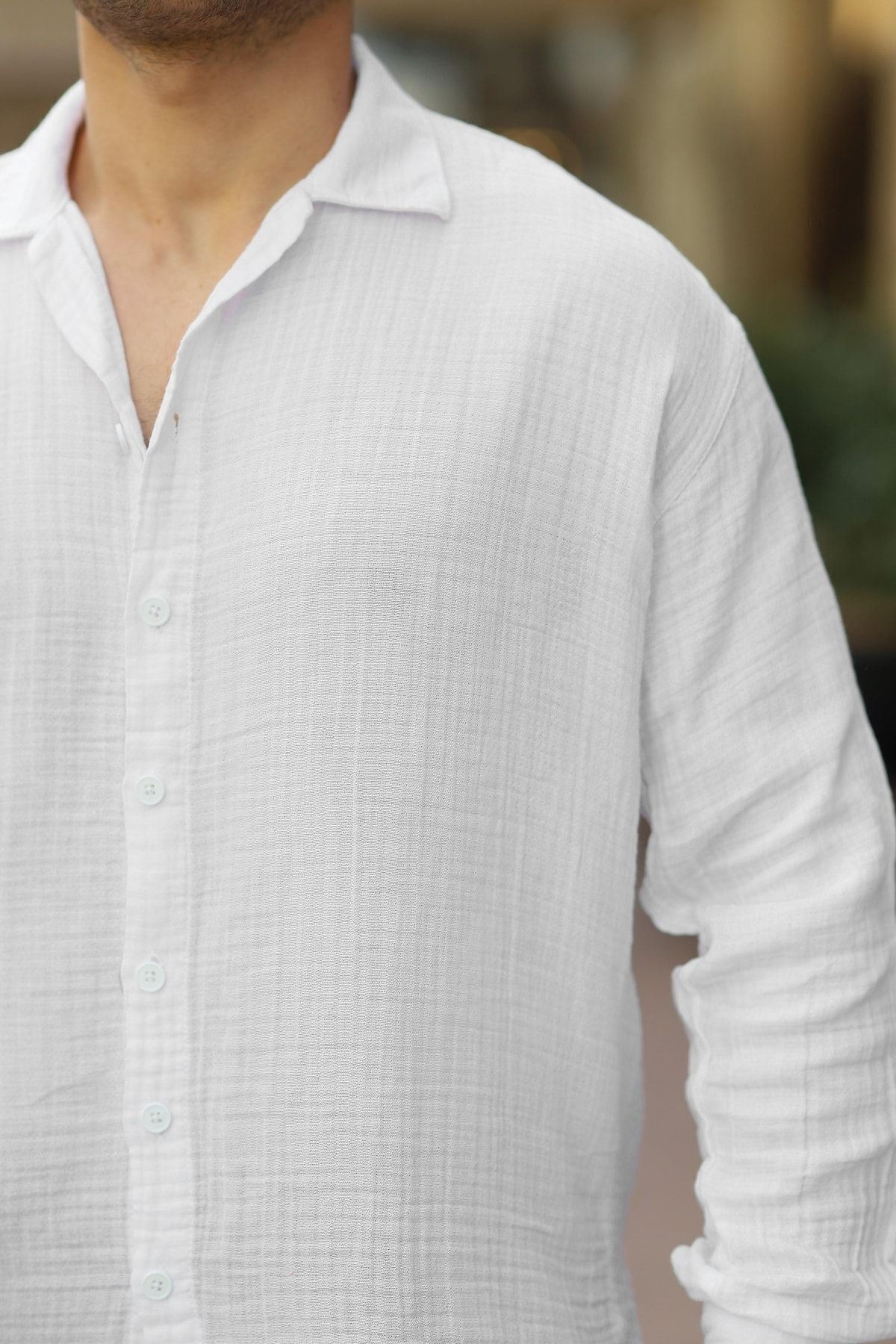 Erkek Trend Kruvaze Yaka Şık Beyaz Keten Gömlek