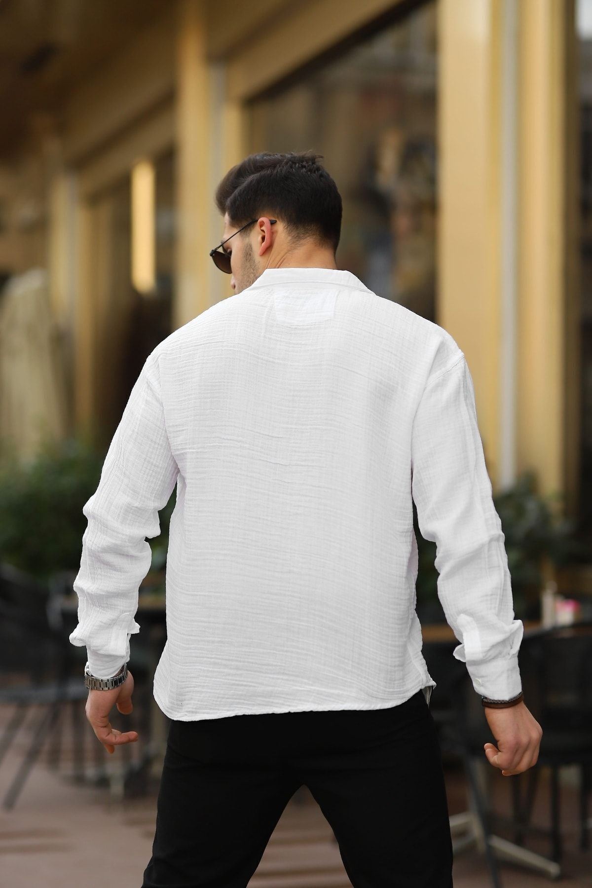 Erkek Trend Kruvaze Yaka Şık Beyaz Keten Gömlek