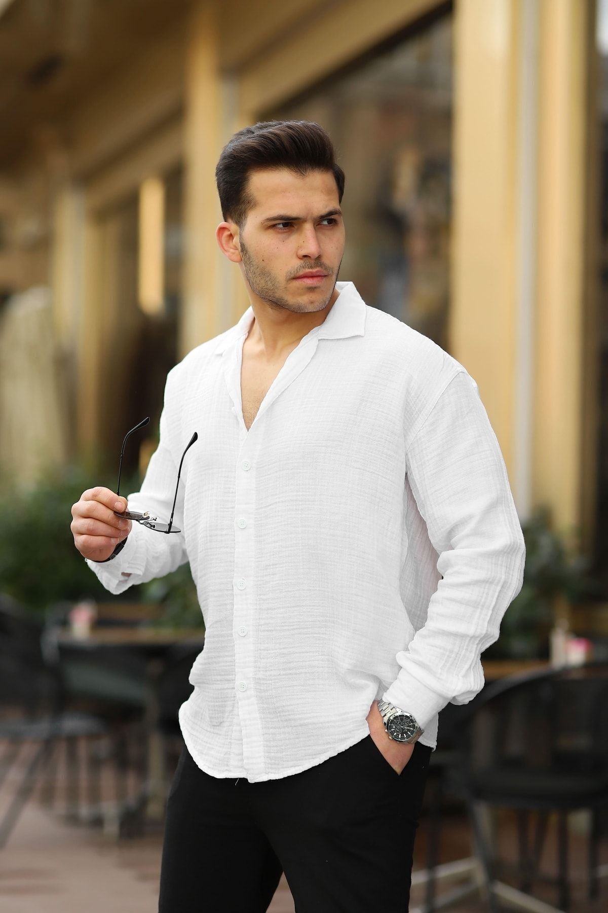 Erkek Trend Kruvaze Yaka Şık Beyaz Keten Gömlek