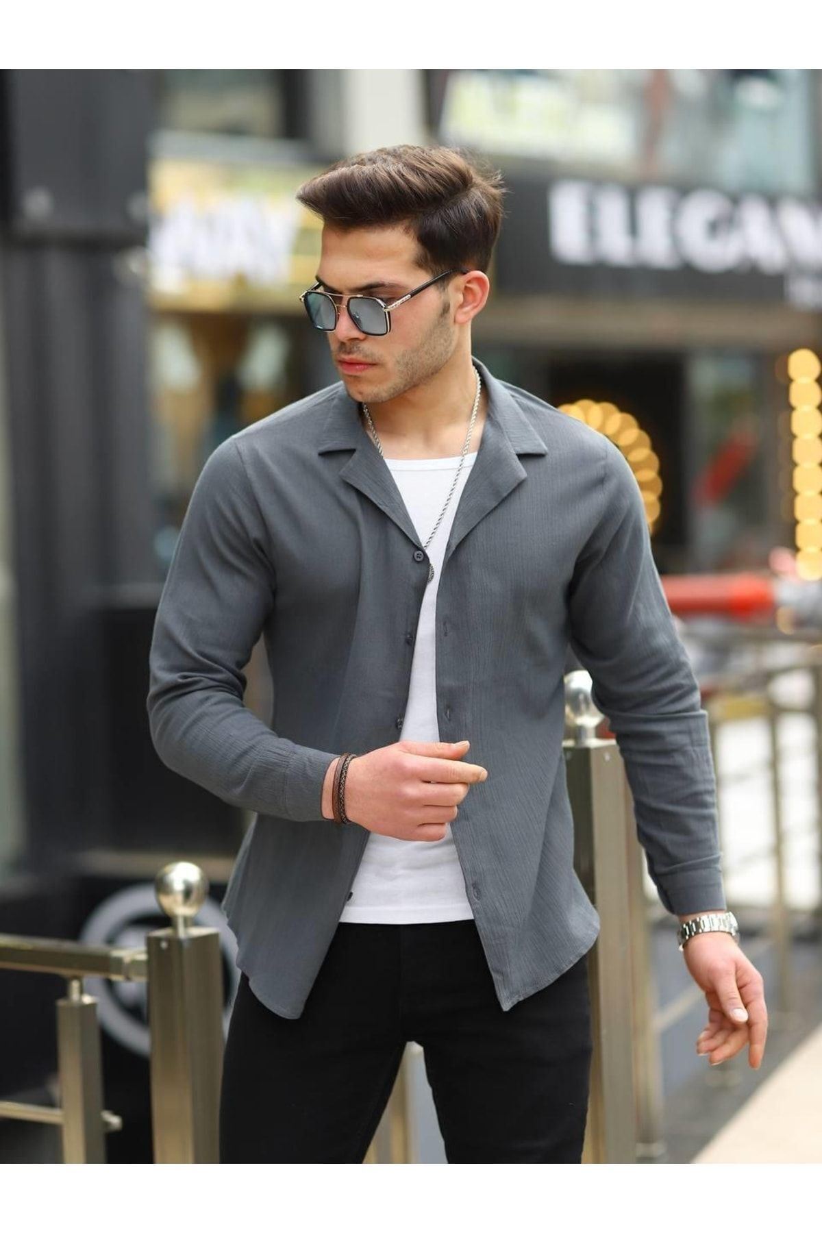 Erkek Trend Kruvaze Yaka Şık Füme Keten Gömlek