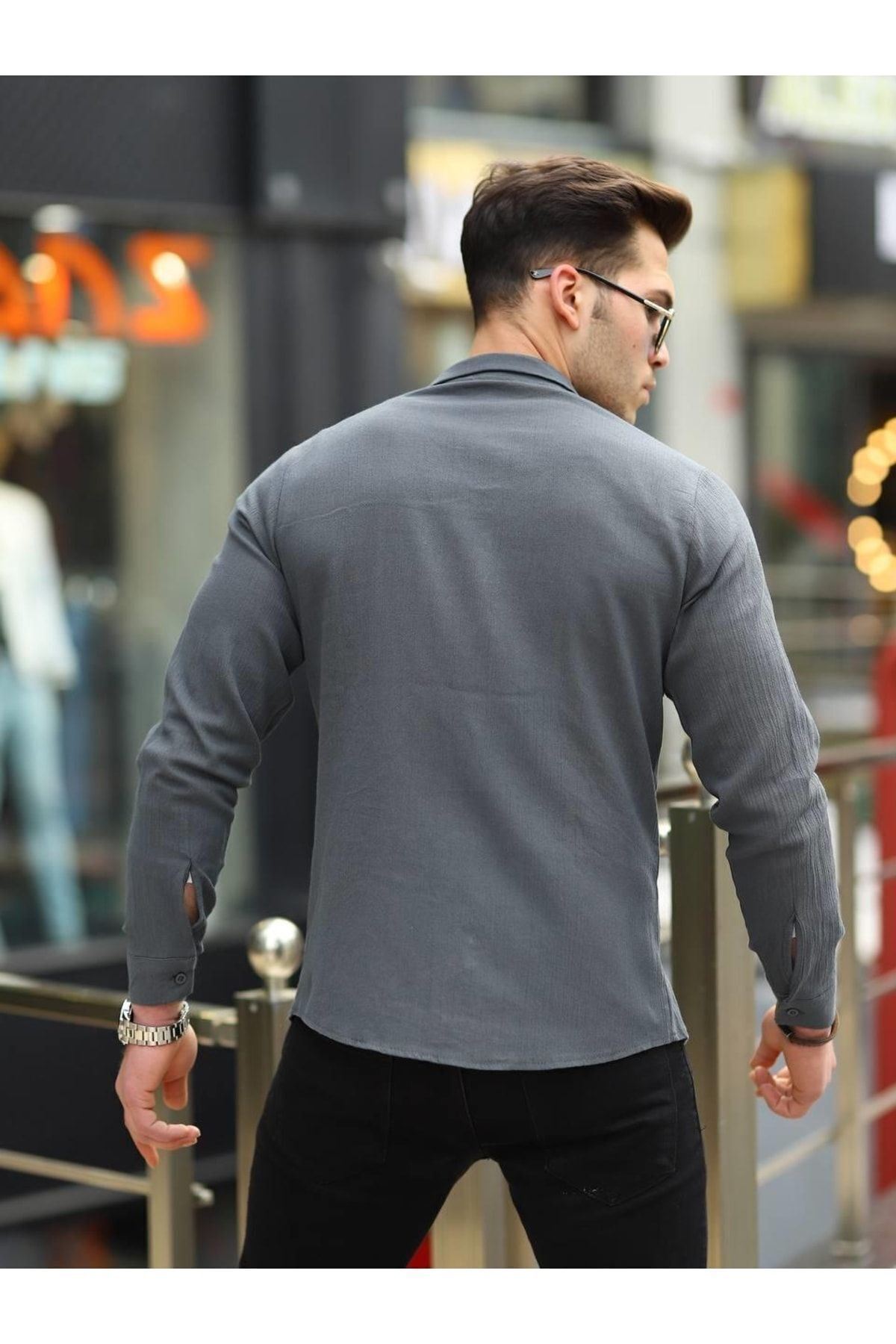Erkek Trend Kruvaze Yaka Şık Füme Keten Gömlek