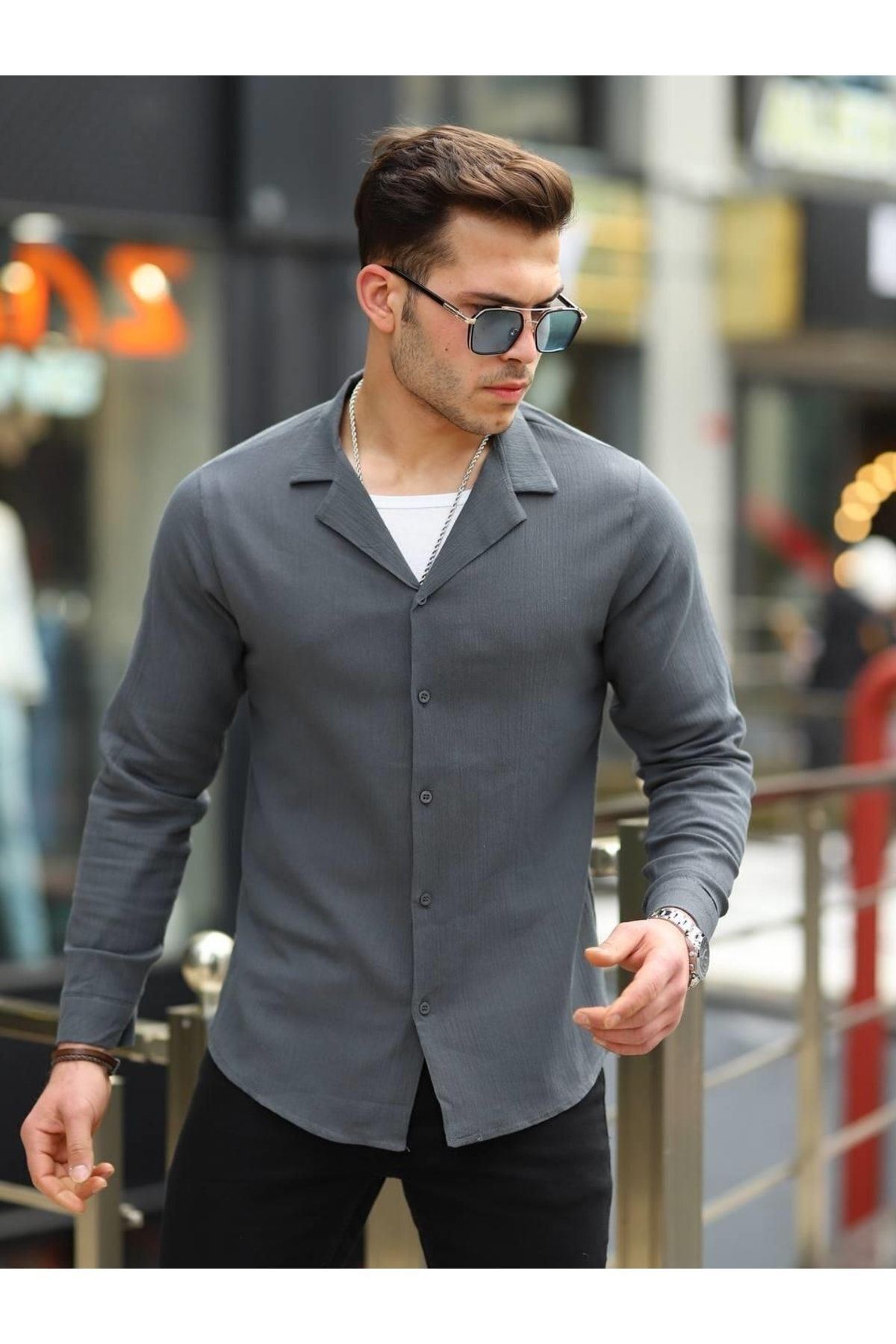 Erkek Trend Kruvaze Yaka Şık Füme Keten Gömlek