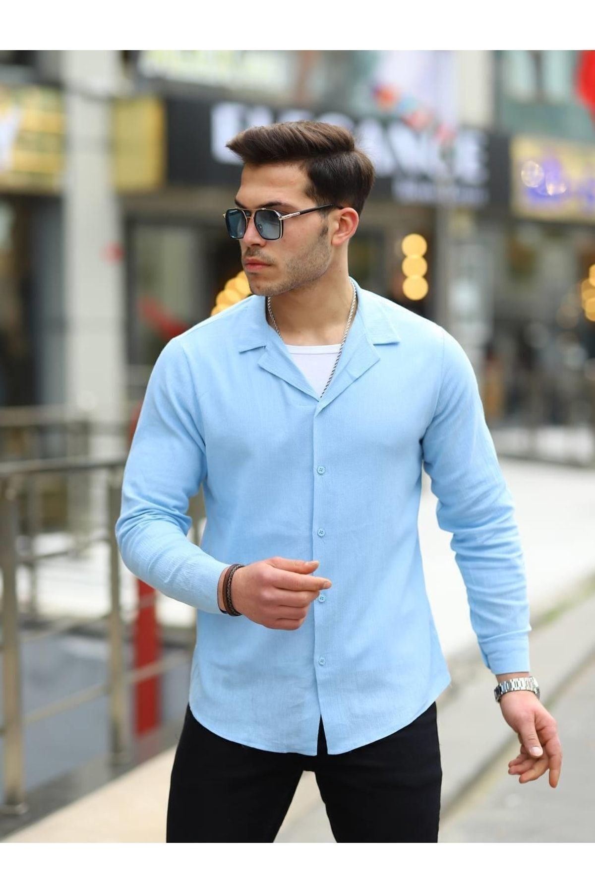 Erkek Trend Kruvaze Yaka Şık Mavi Keten Gömlek