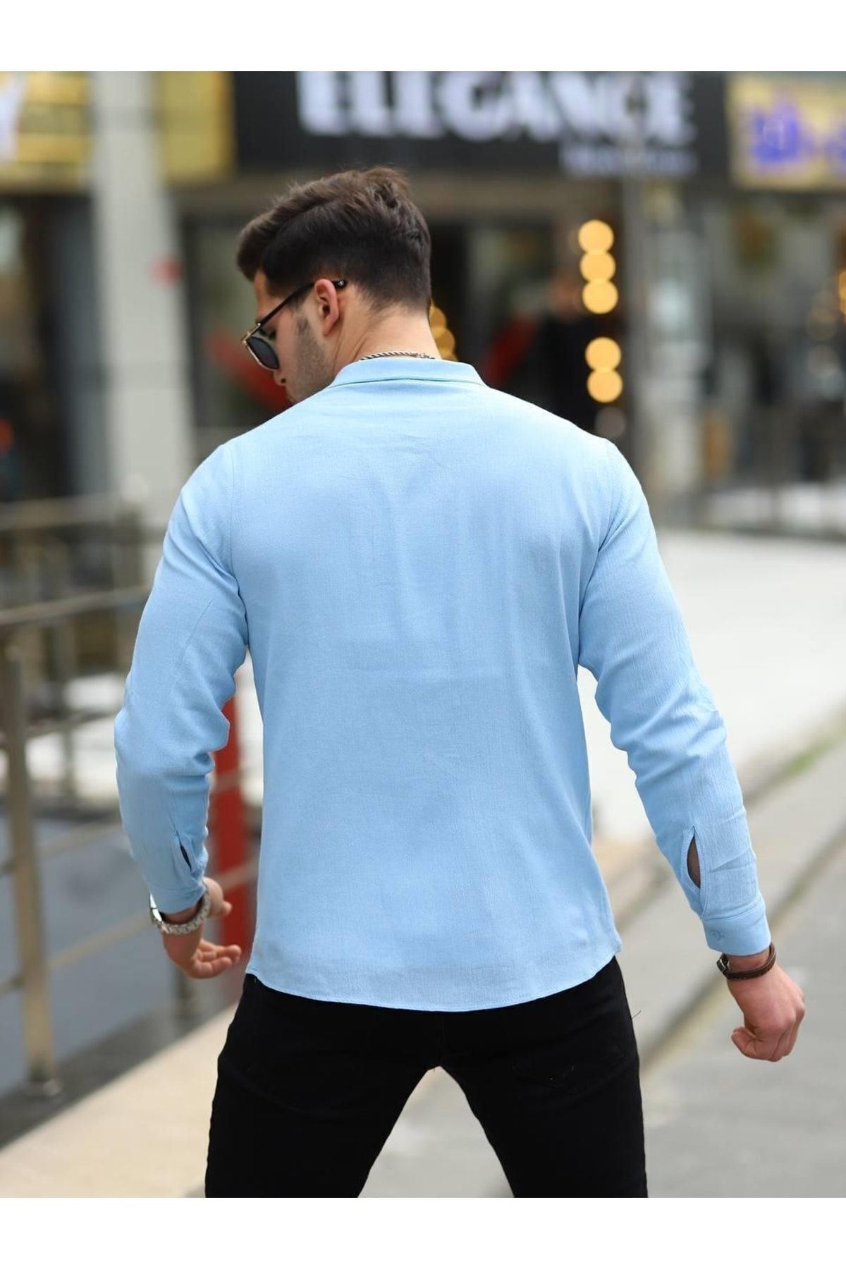Erkek Trend Kruvaze Yaka Şık Mavi Keten Gömlek