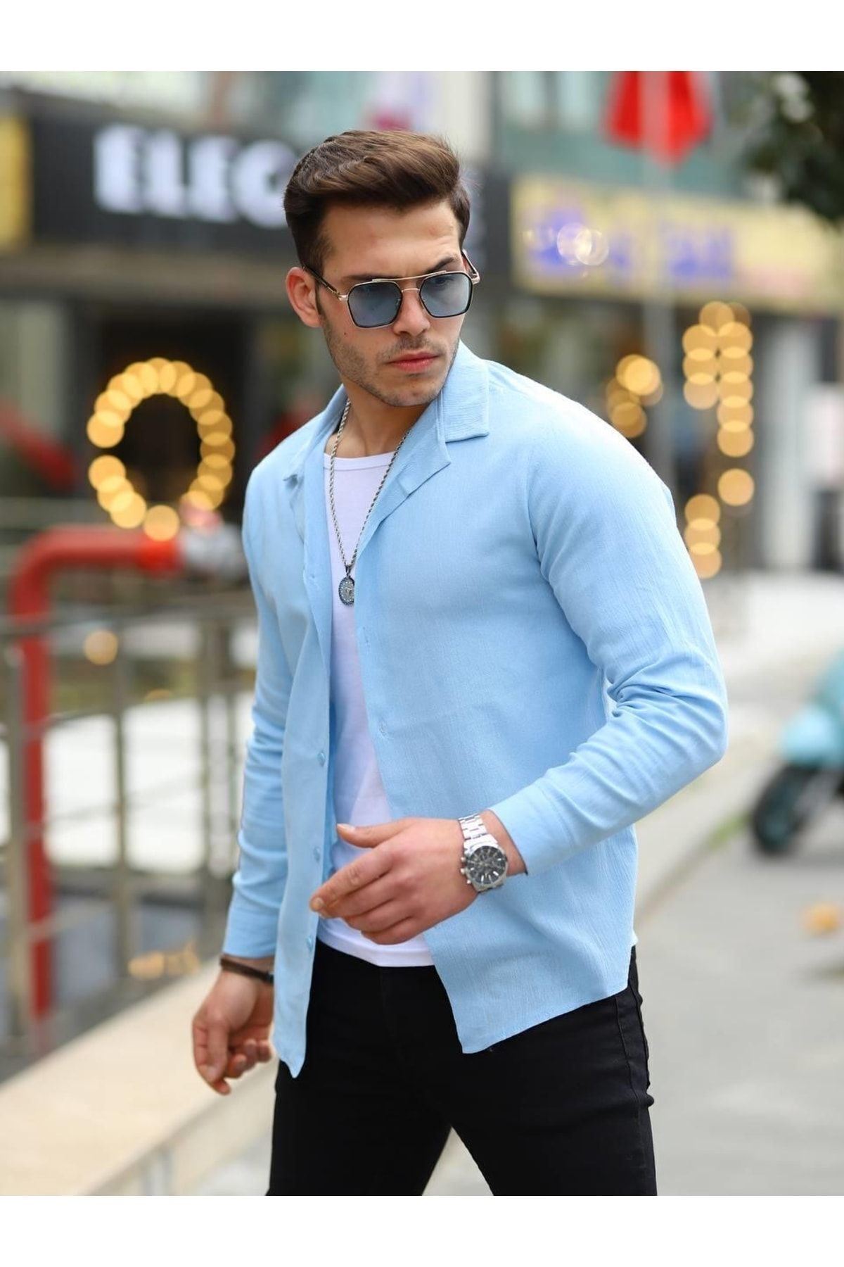 Erkek Trend Kruvaze Yaka Şık Mavi Keten Gömlek