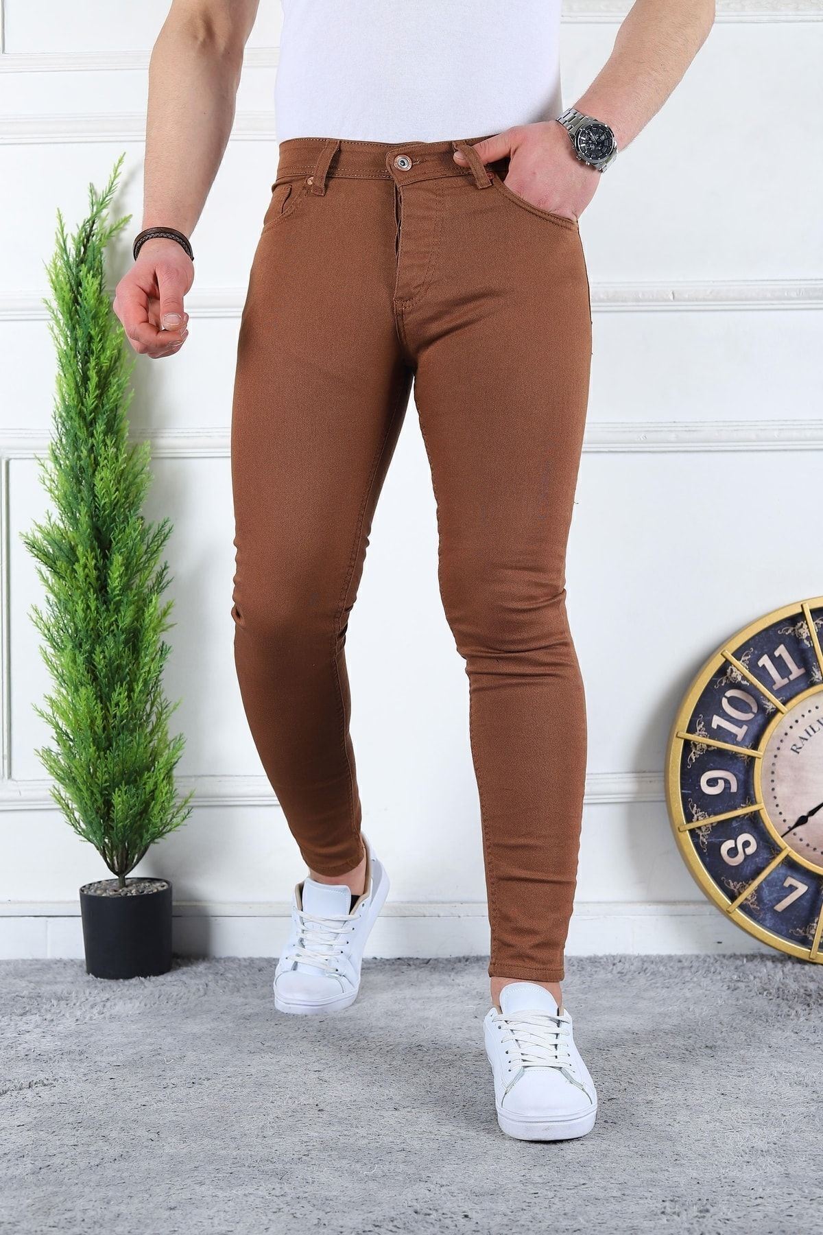 Erkek Jeans Slim Fit Likralı Denim Camel Kot Pantolon