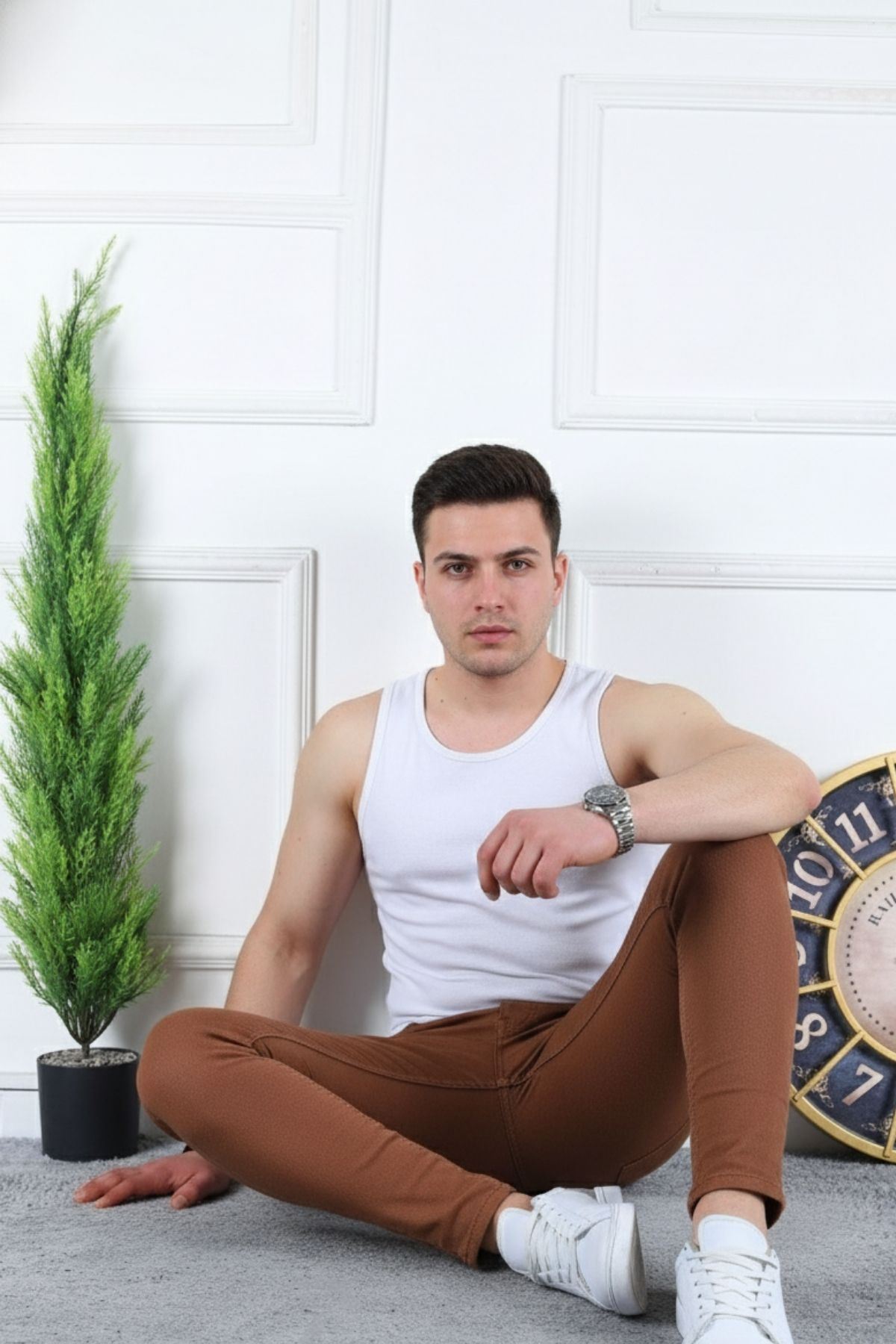 Erkek Jeans Slim Fit Likralı Denim Camel Kot Pantolon