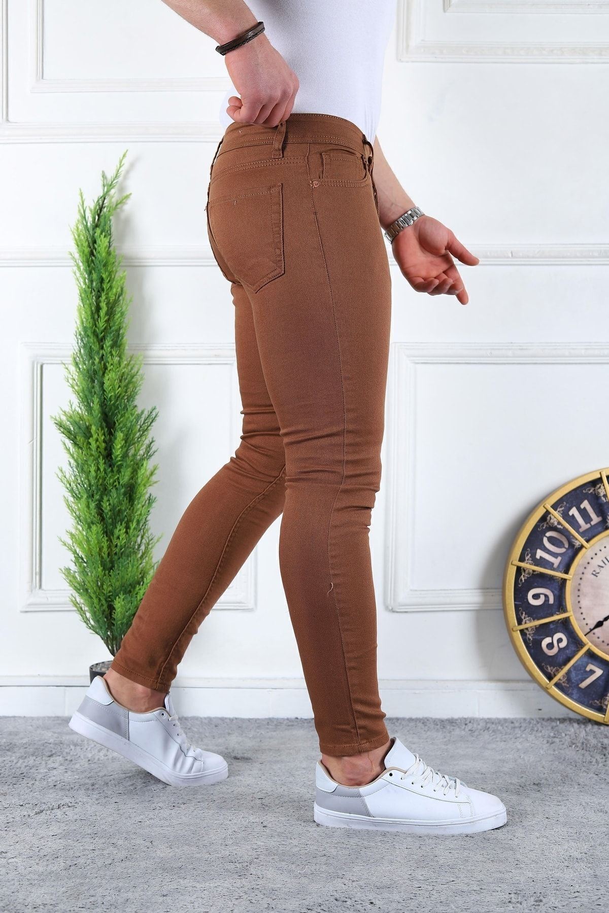Erkek Jeans Slim Fit Likralı Denim Camel Kot Pantolon