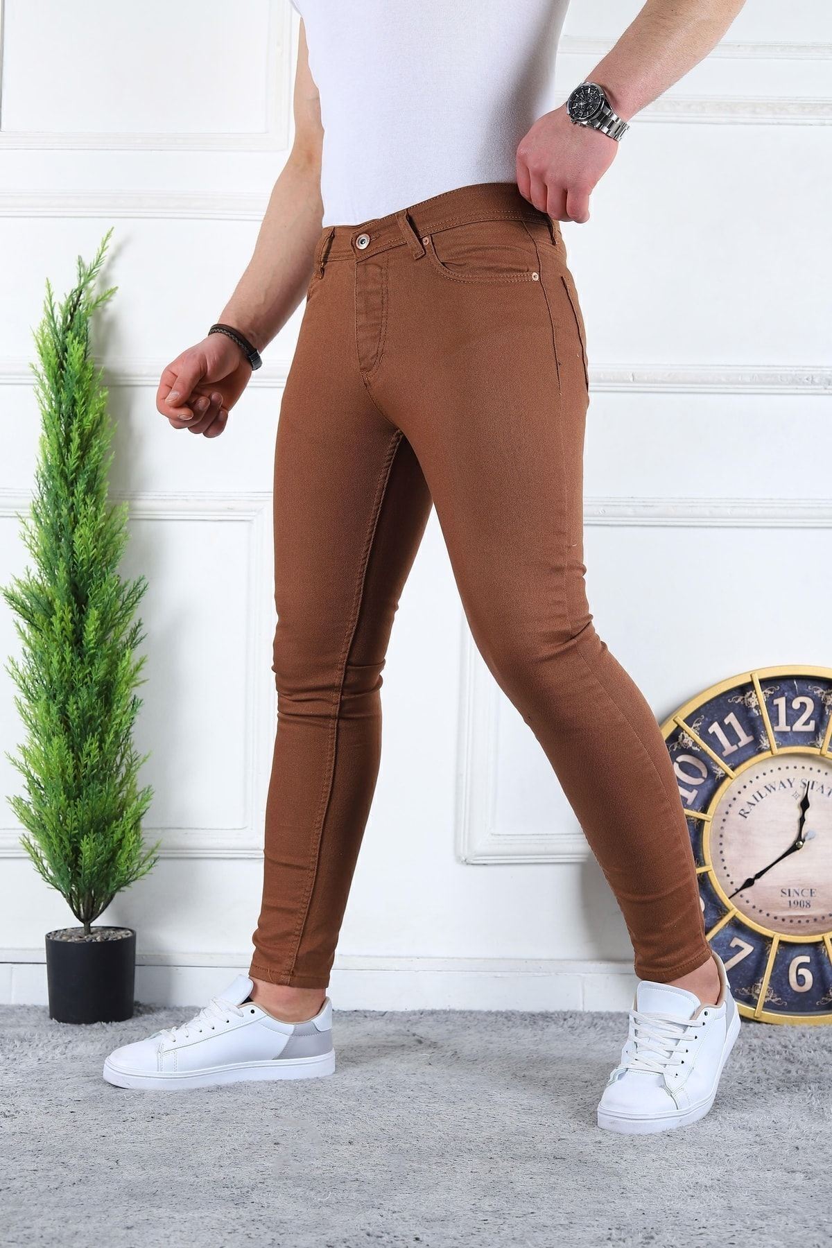 Erkek Jeans Slim Fit Likralı Denim Camel Kot Pantolon