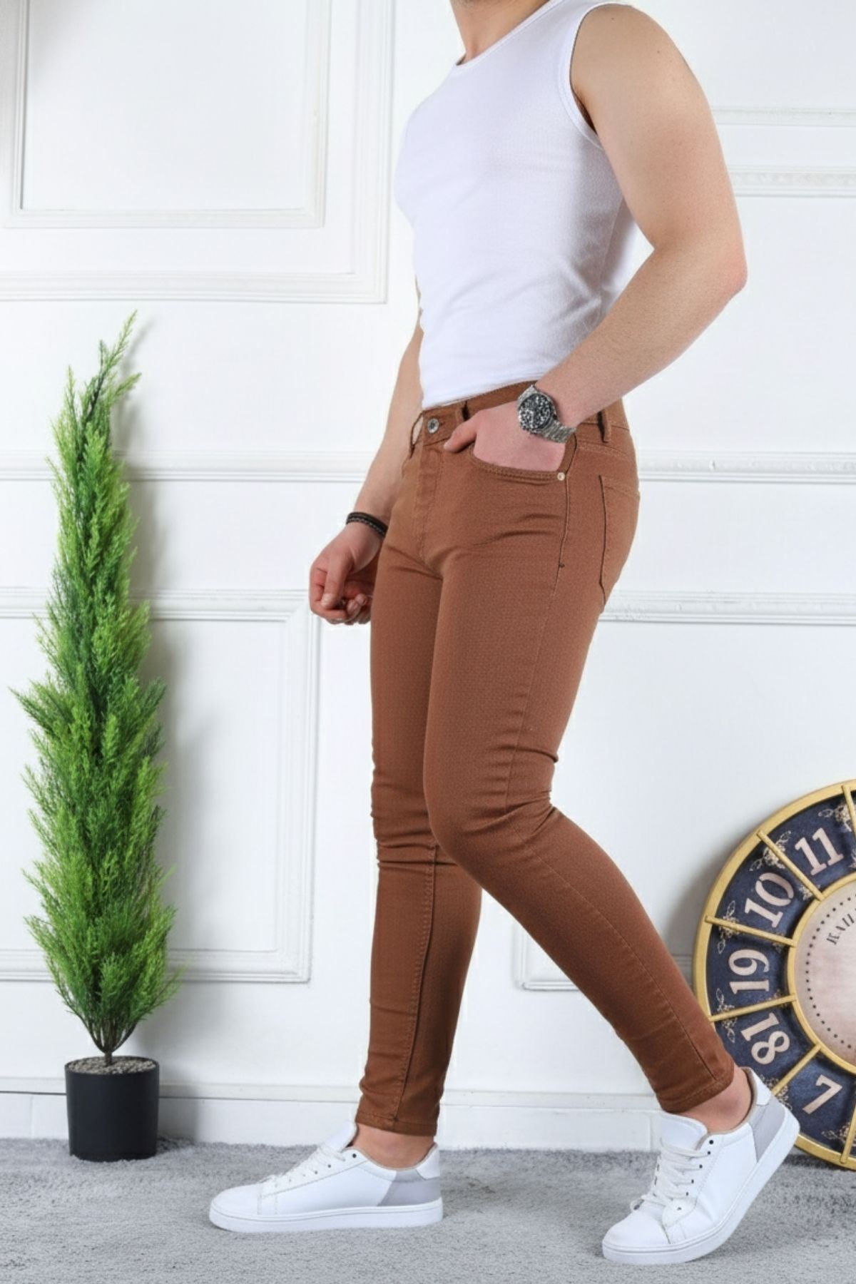 Erkek Jeans Slim Fit Likralı Denim Camel Kot Pantolon