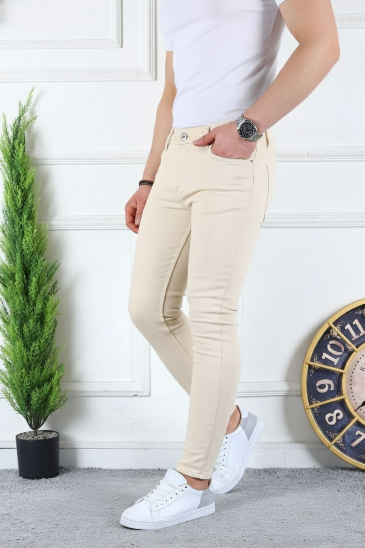 Erkek Jeans Slim Fit Likralı Denim Krem Kot Pantolon