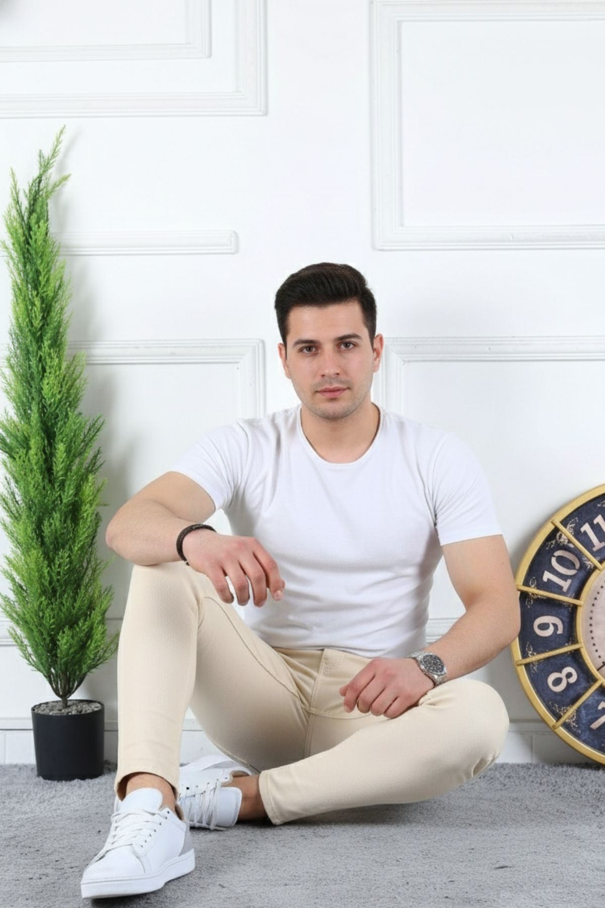 Erkek Jeans Slim Fit Likralı Denim Krem Kot Pantolon