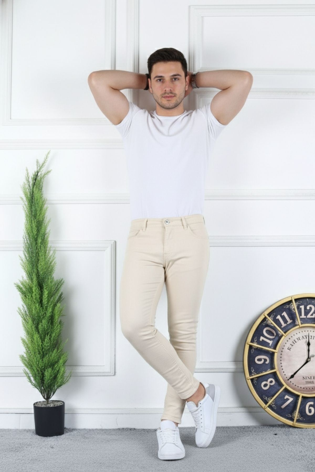 Erkek Jeans Slim Fit Likralı Denim Krem Kot Pantolon