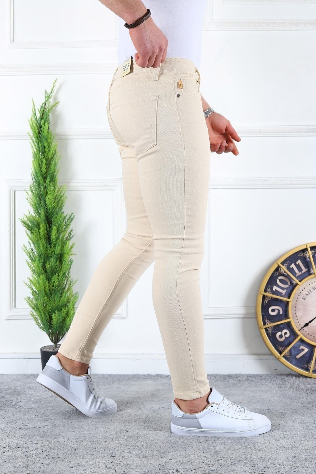 Erkek Jeans Slim Fit Likralı Denim Krem Kot Pantolon