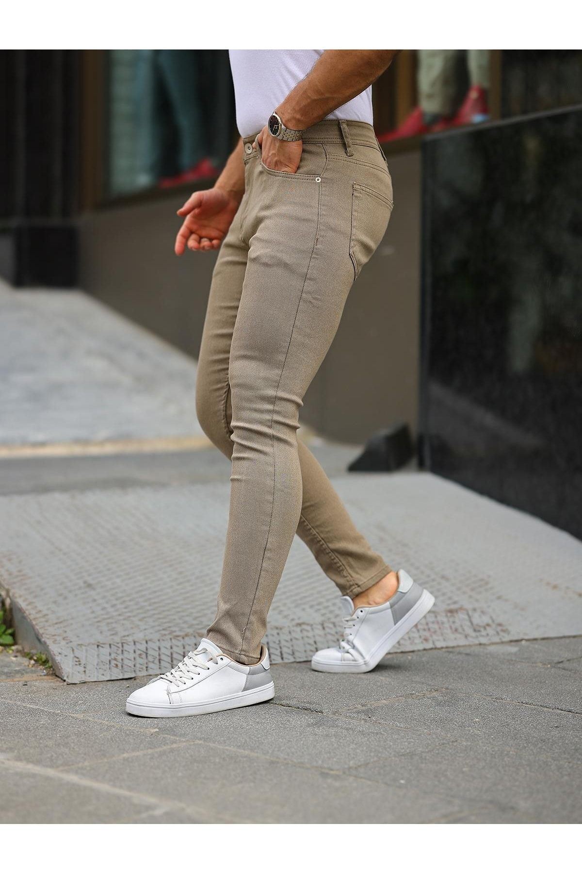 Erkek Jeans Slim Fit Likralı Denim Vizon Kot Pantolon
