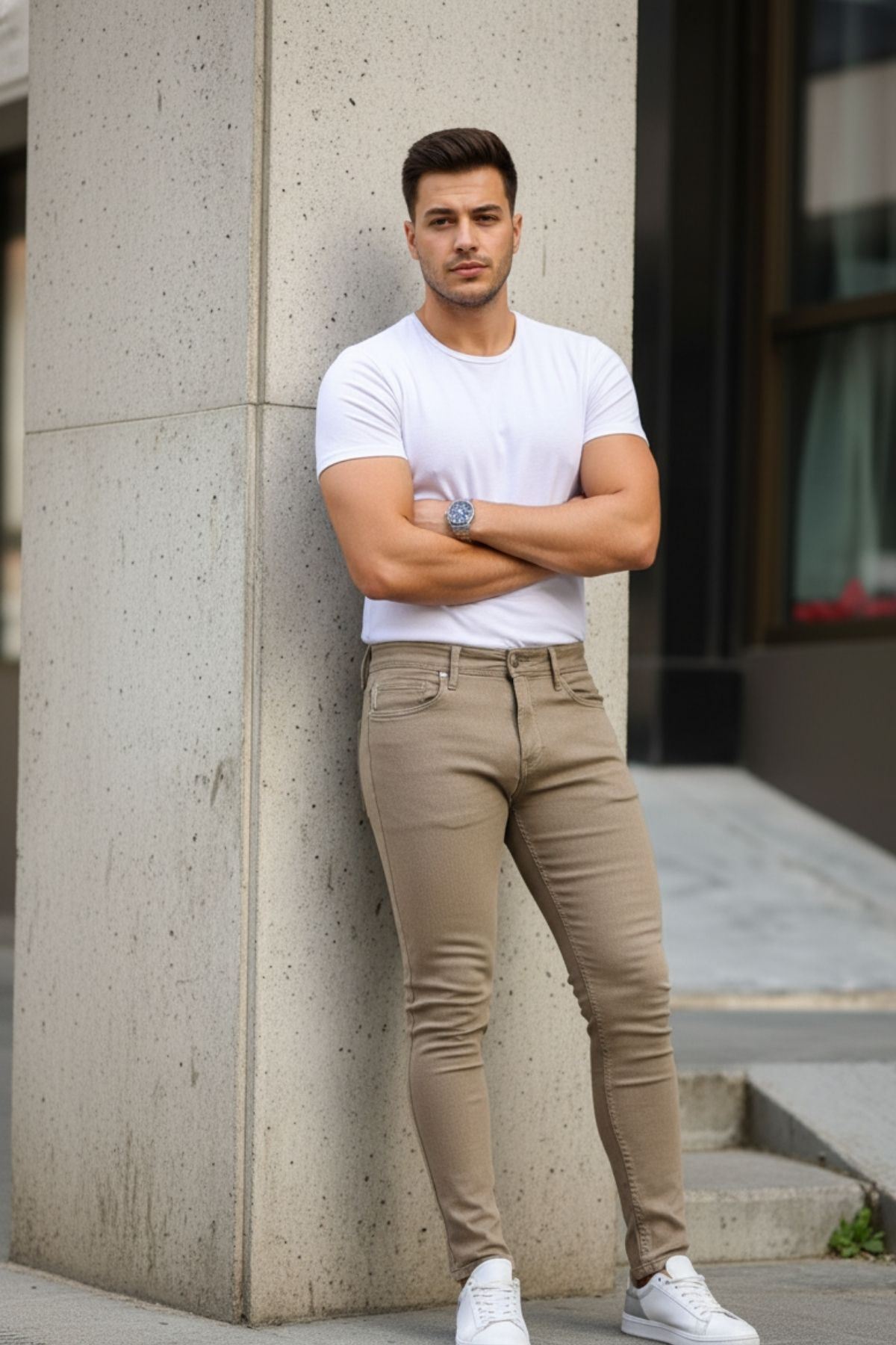 Erkek Jeans Slim Fit Likralı Denim Vizon Kot Pantolon