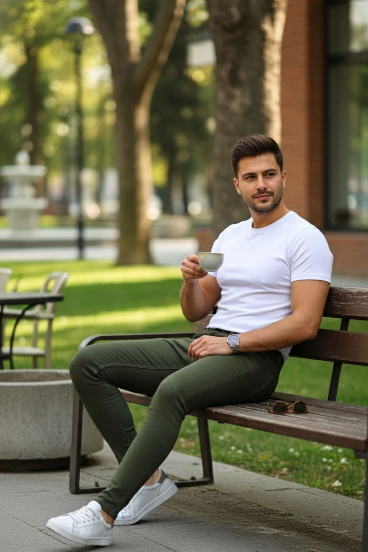 Erkek Jeans Slim Fit Likralı Denim Haki Kot Pantolon