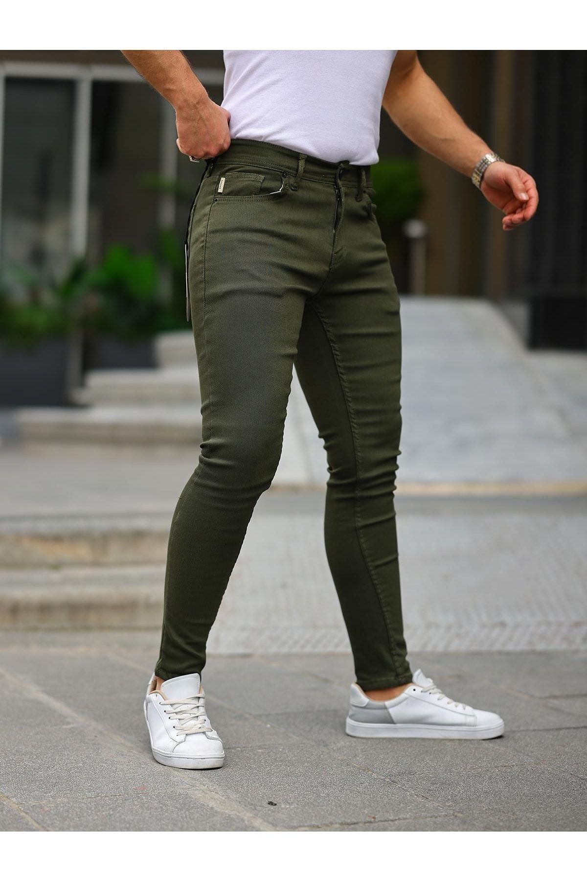 Erkek Jeans Slim Fit Likralı Denim Haki Kot Pantolon