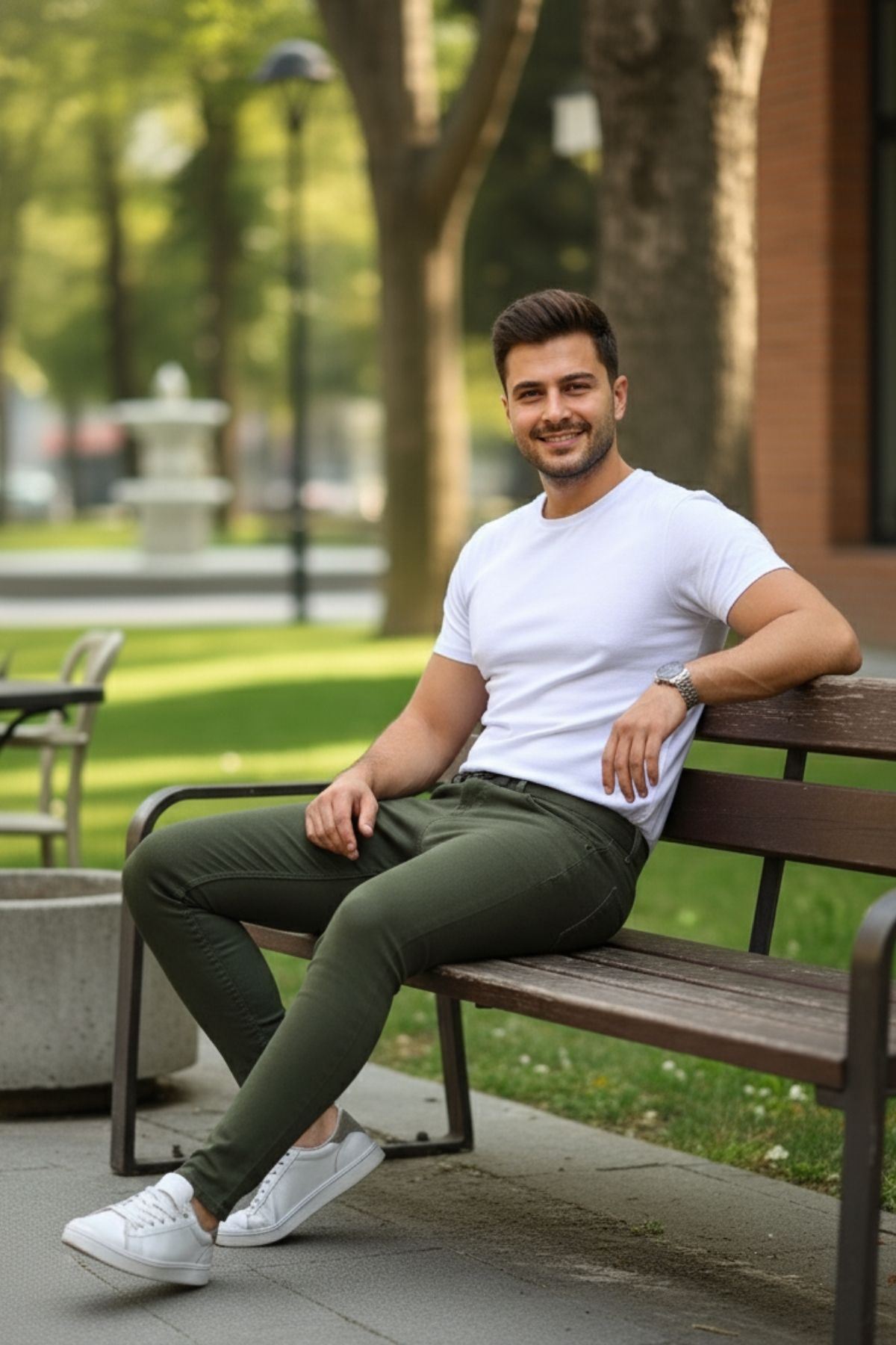 Erkek Jeans Slim Fit Likralı Denim Haki Kot Pantolon