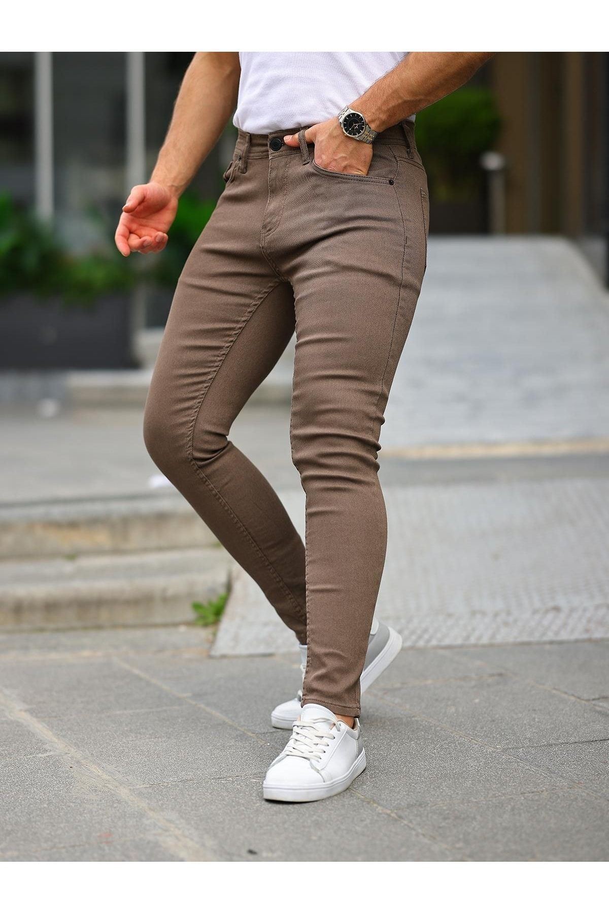 Erkek Jeans Slim Fit Likralı Denim Kahve Kot Pantolon