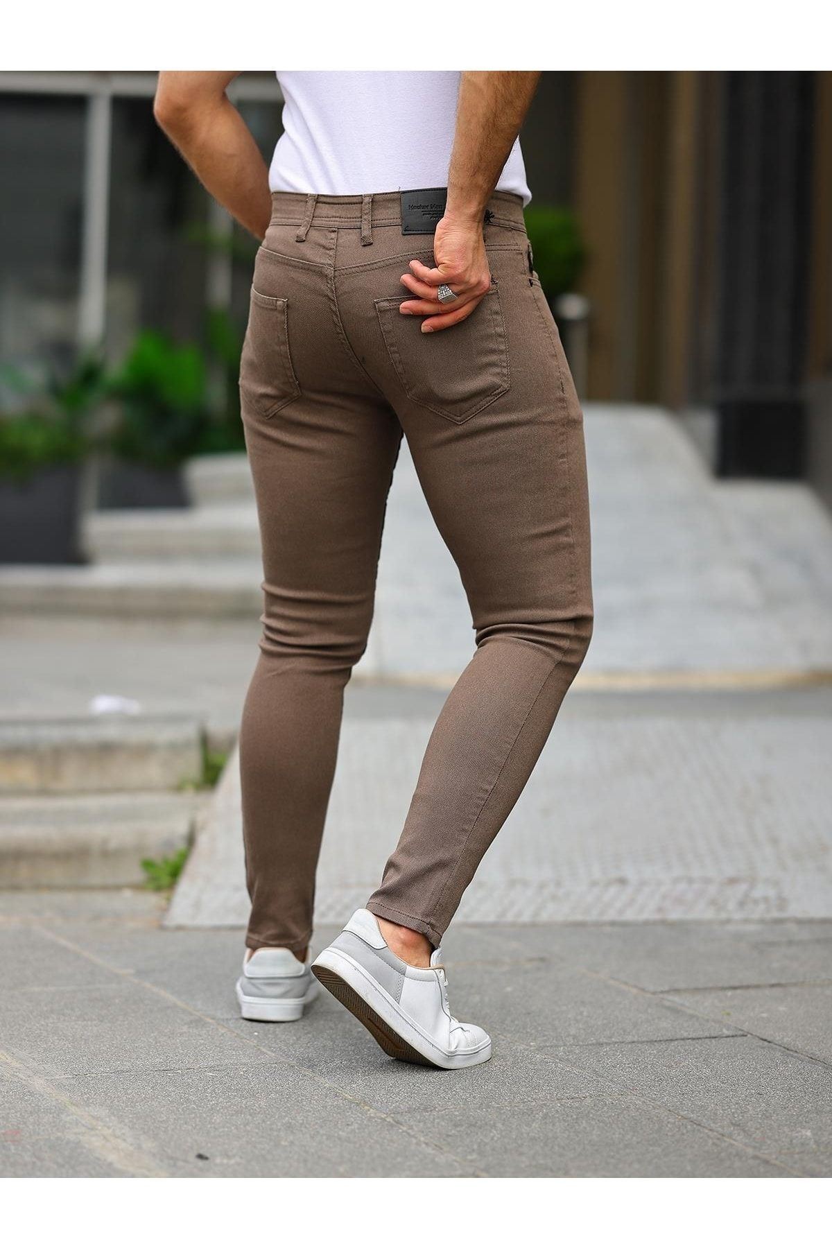 Erkek Jeans Slim Fit Likralı Denim Kahve Kot Pantolon