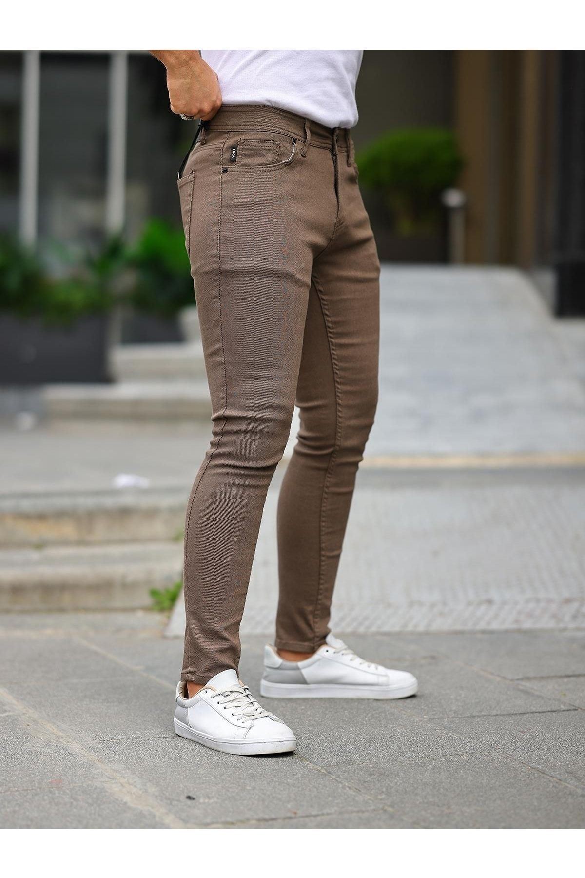 Erkek Jeans Slim Fit Likralı Denim Kahve Kot Pantolon