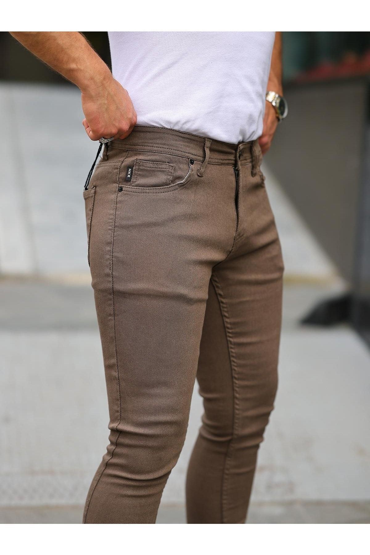 Erkek Jeans Slim Fit Likralı Denim Kahve Kot Pantolon