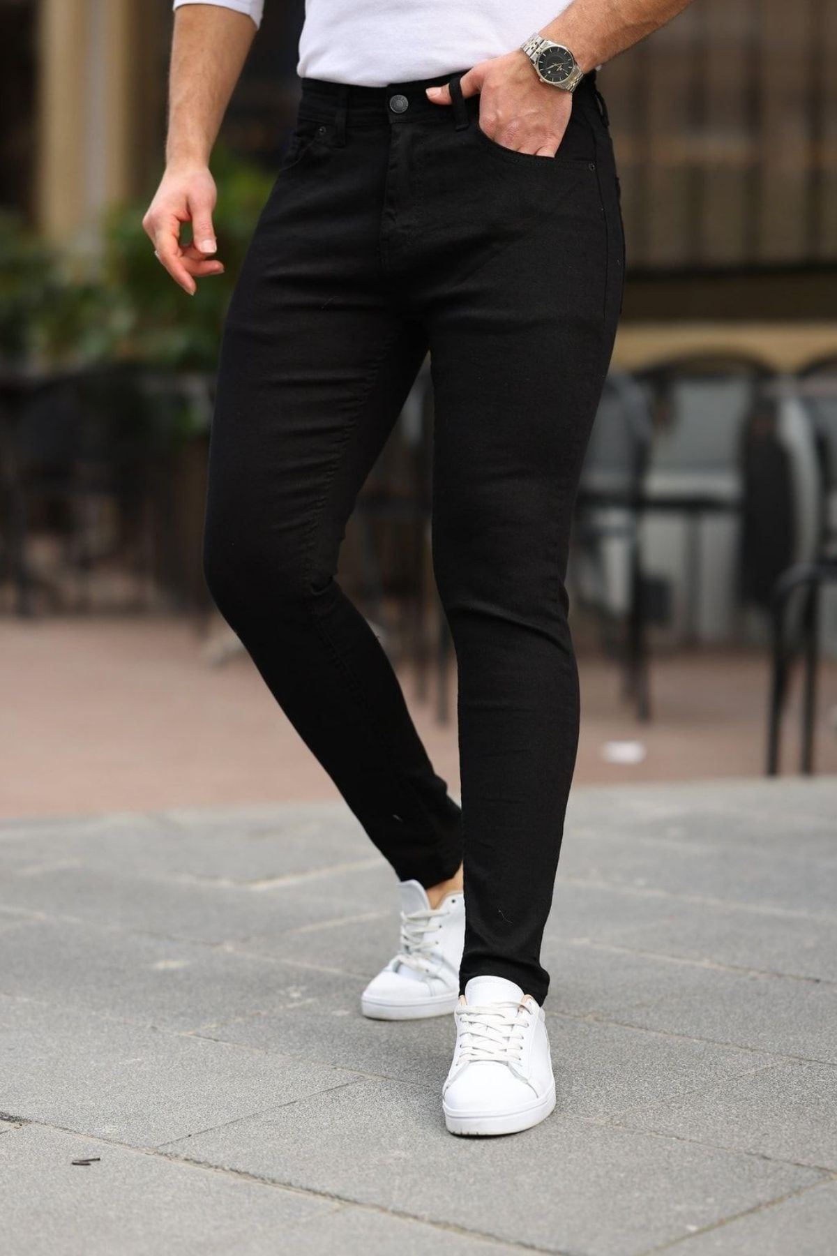 Erkek Jeans Slim Likralı Denim Siyah Kot Pantolon