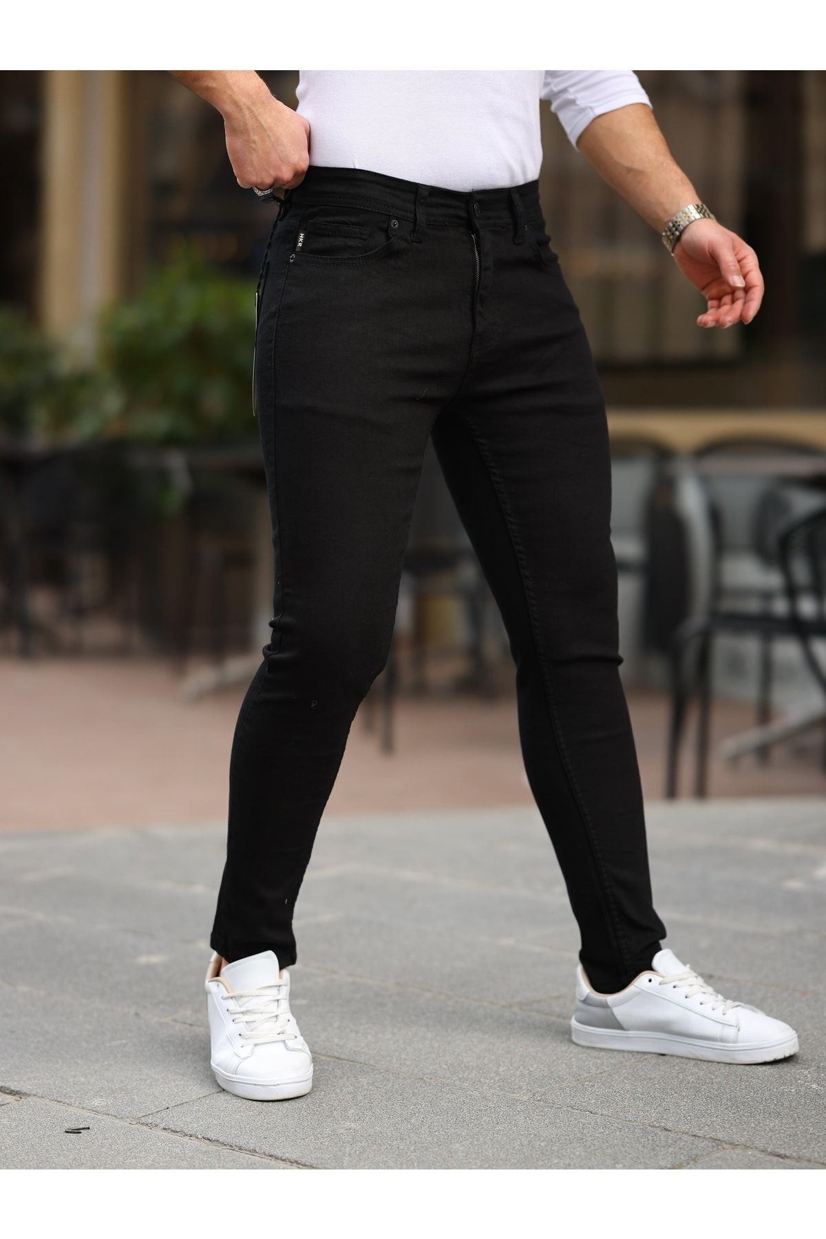 Erkek Jeans Slim Likralı Denim Siyah Kot Pantolon