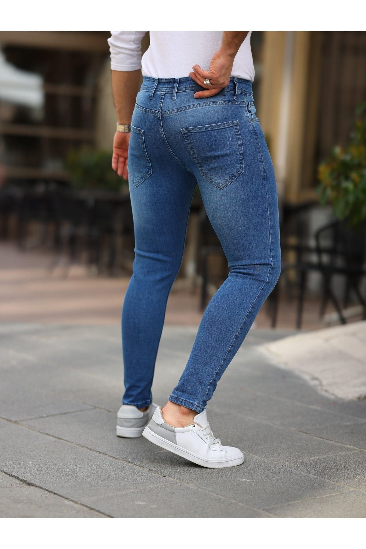 Erkek Jeans Slim Likralı Denim Mavi Kot Pantolon
