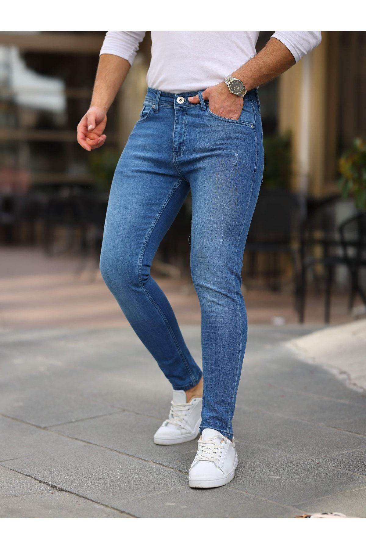 Erkek Jeans Slim Likralı Denim Mavi Kot Pantolon