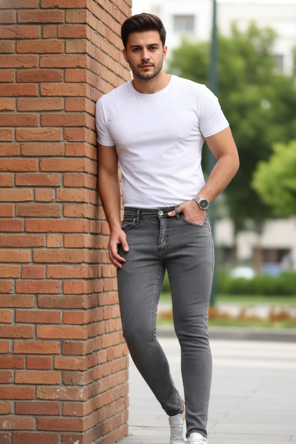 Erkek Jeans Slim Likralı Denim Gri Kot Pantolon
