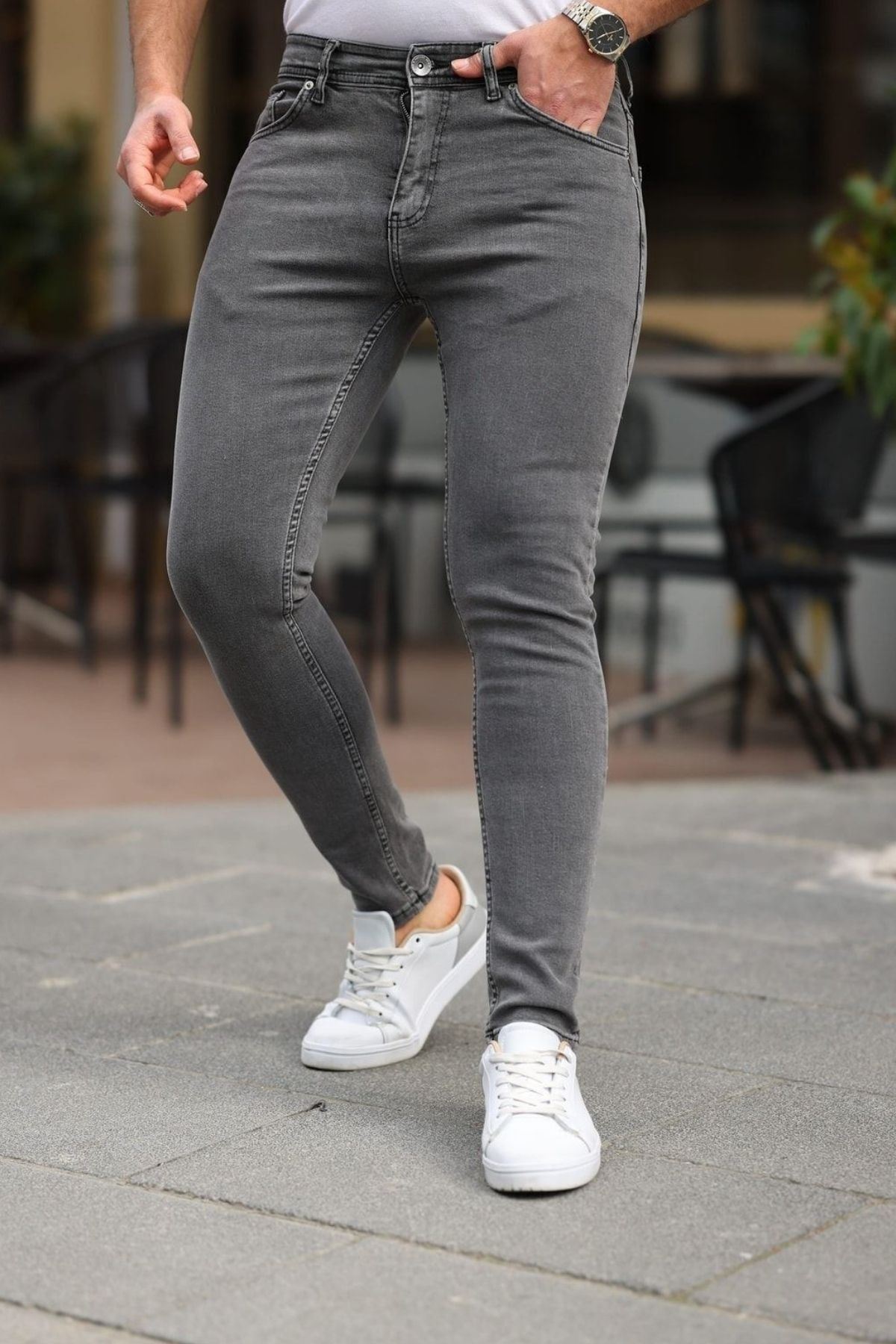 Erkek Jeans Slim Likralı Denim Gri Kot Pantolon