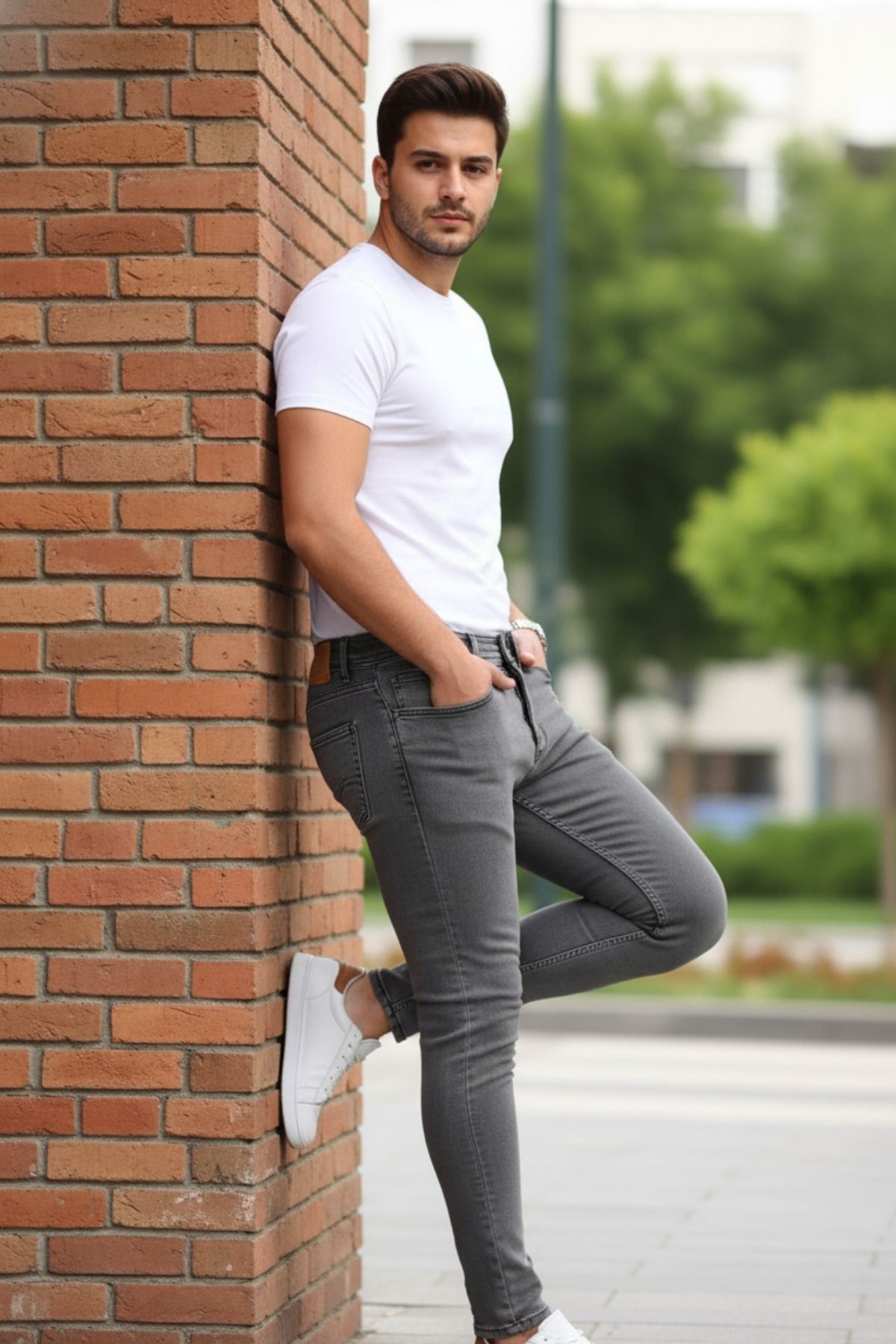 Erkek Jeans Slim Likralı Denim Gri Kot Pantolon