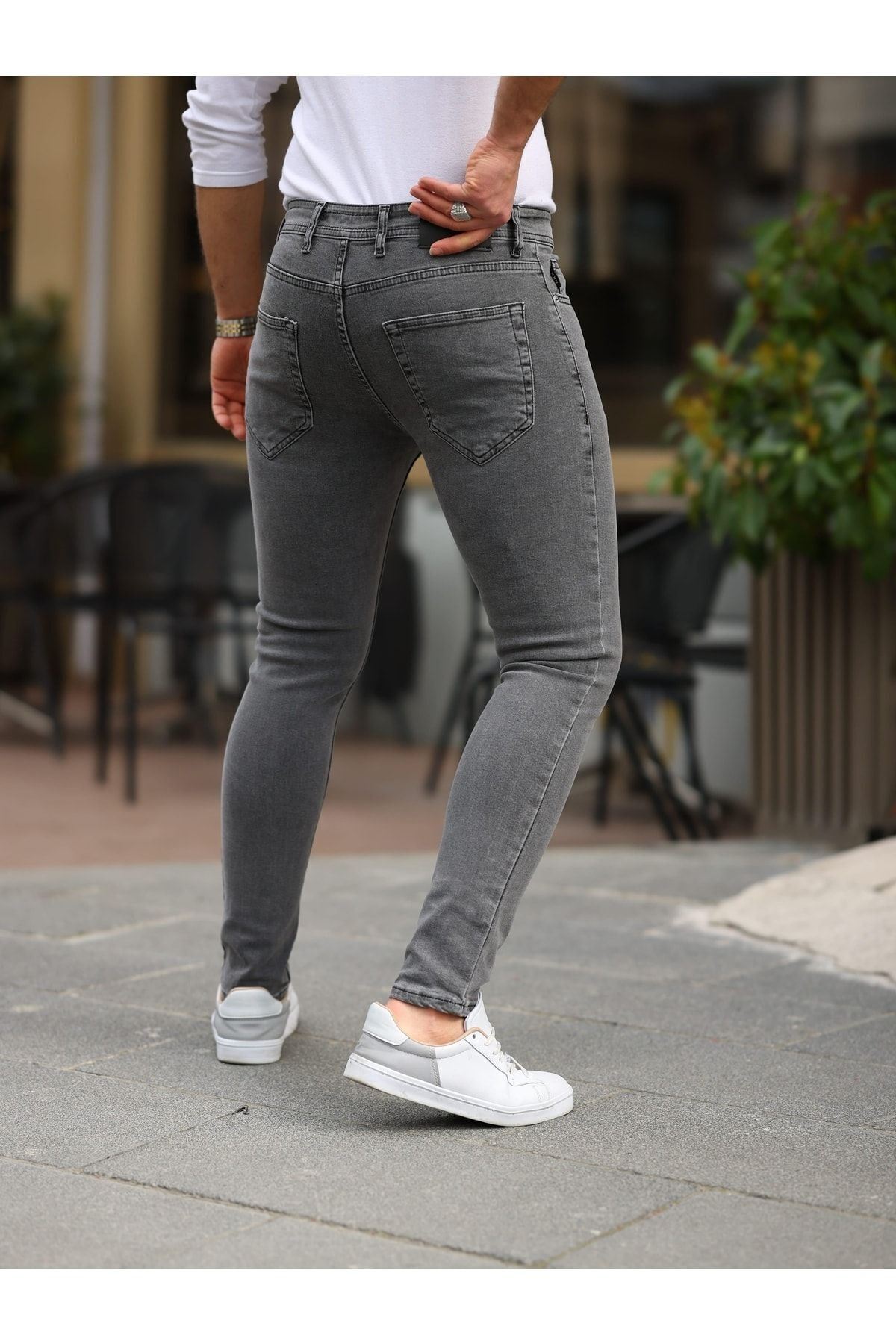 Erkek Jeans Slim Likralı Denim Gri Kot Pantolon