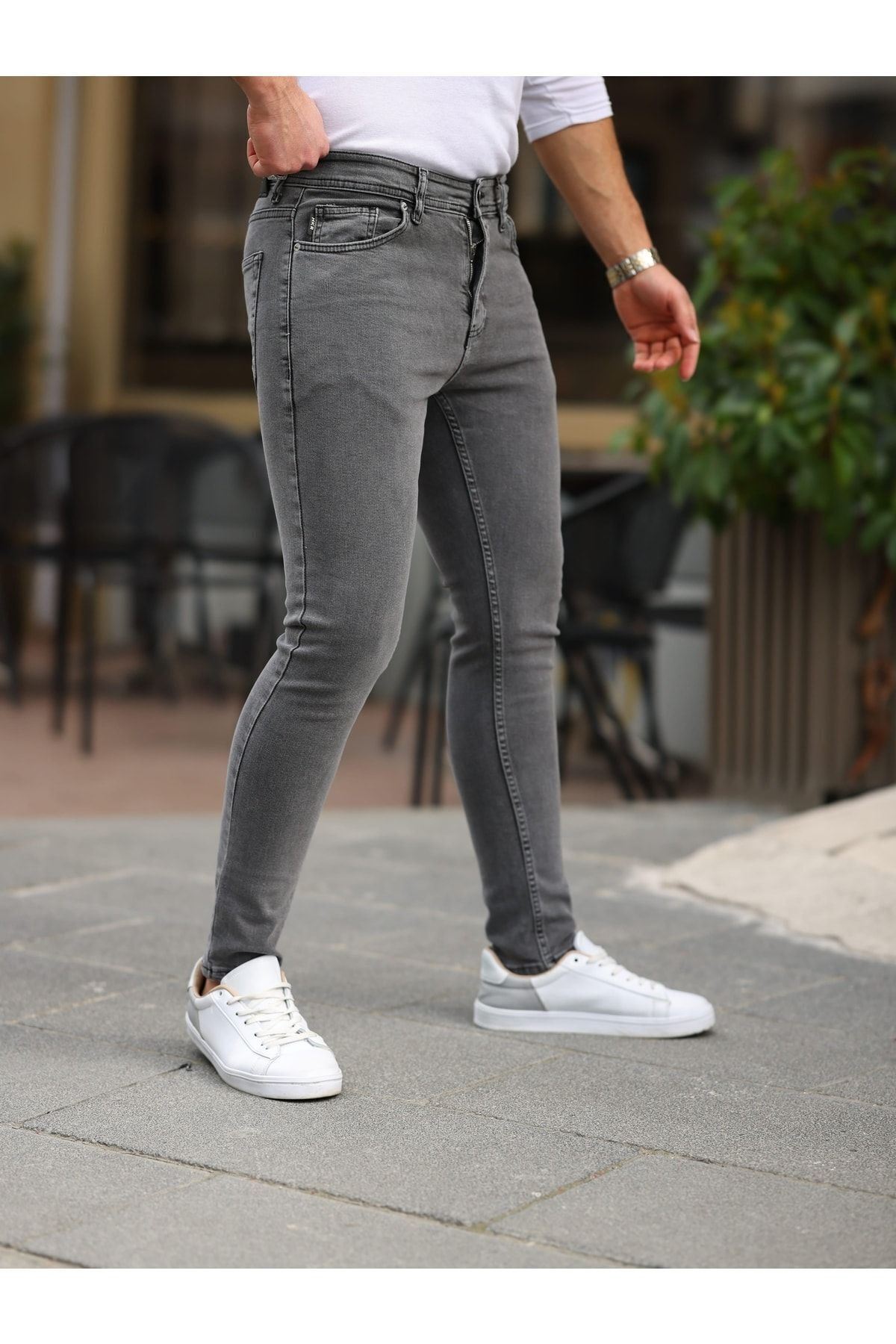 Erkek Jeans Slim Likralı Denim Gri Kot Pantolon