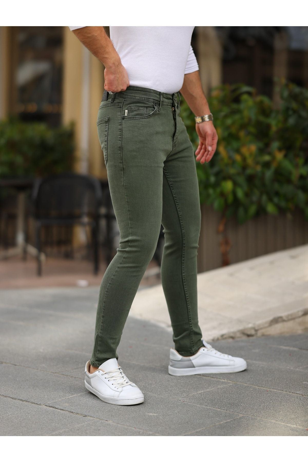 Erkek Jeans Slim Likralı Denim Haki Kot Pantolon