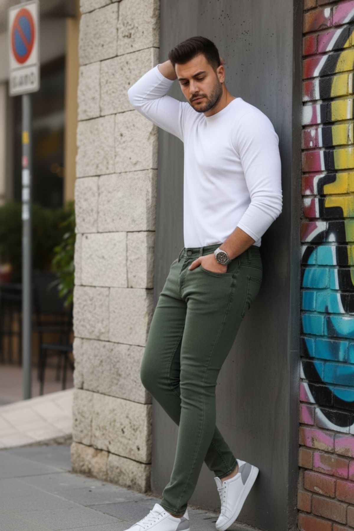 Erkek Jeans Slim Likralı Denim Haki Kot Pantolon