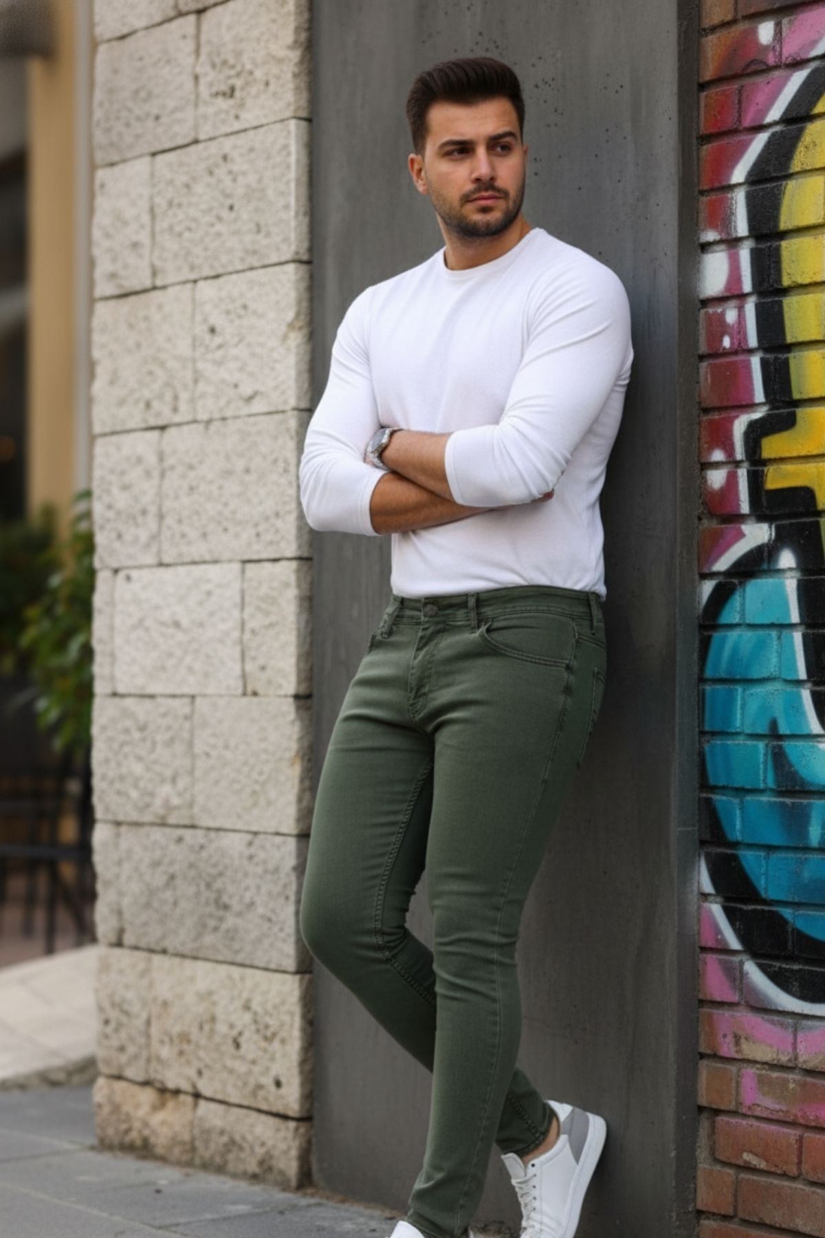 Erkek Jeans Slim Likralı Denim Haki Kot Pantolon