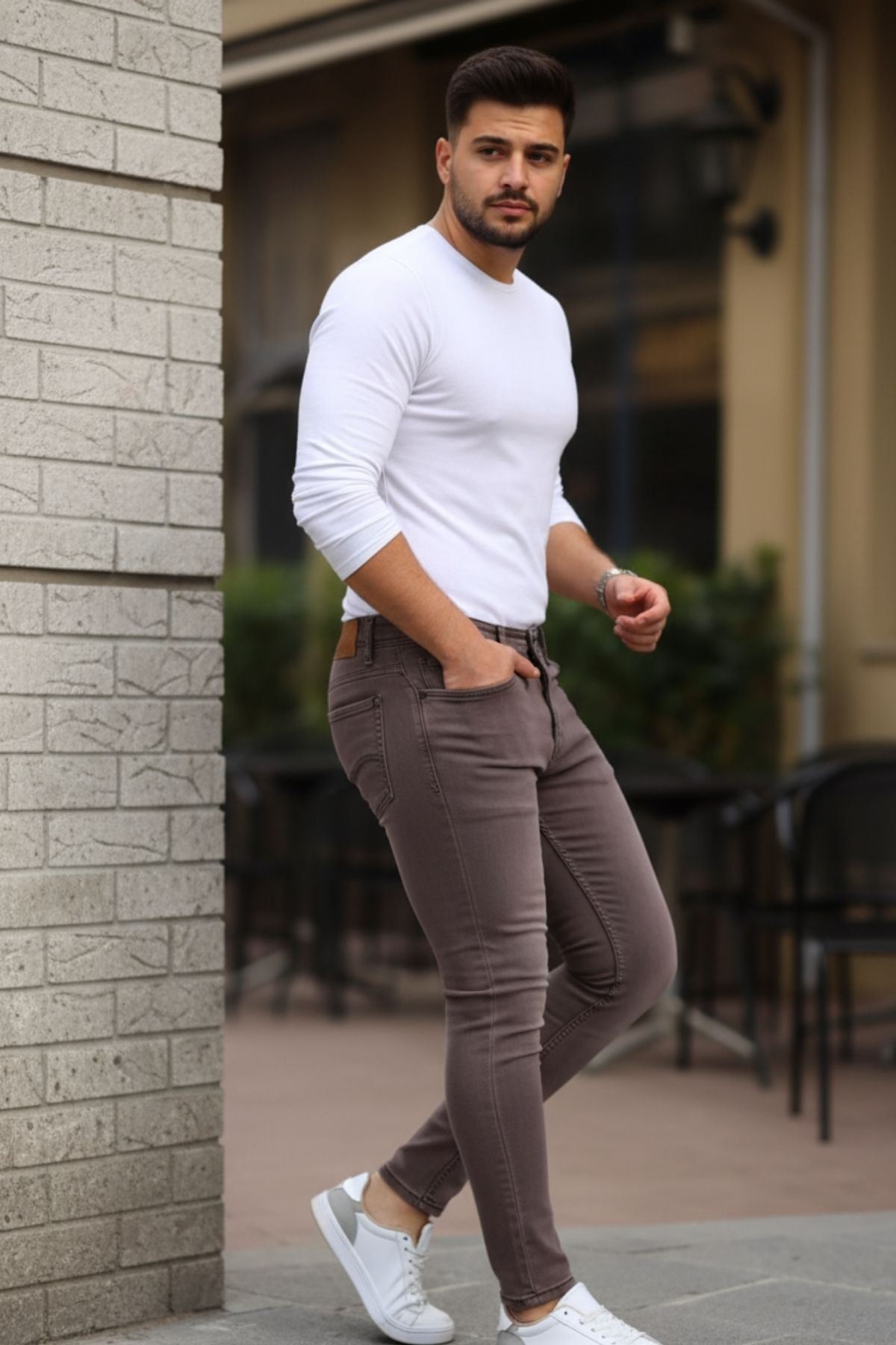 Erkek Jeans Slim Likralı Denim Bordo Kot Pantolon