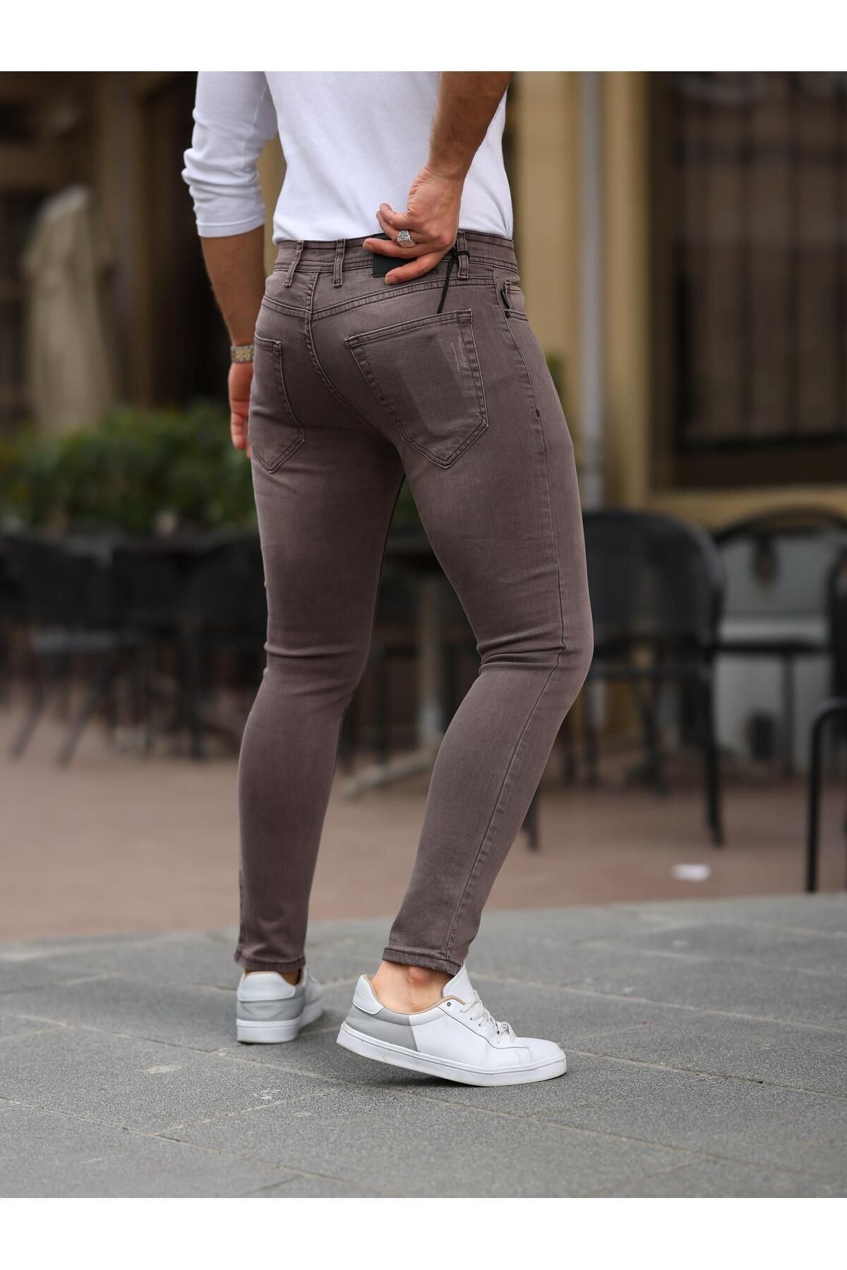 Erkek Jeans Slim Likralı Denim Bordo Kot Pantolon