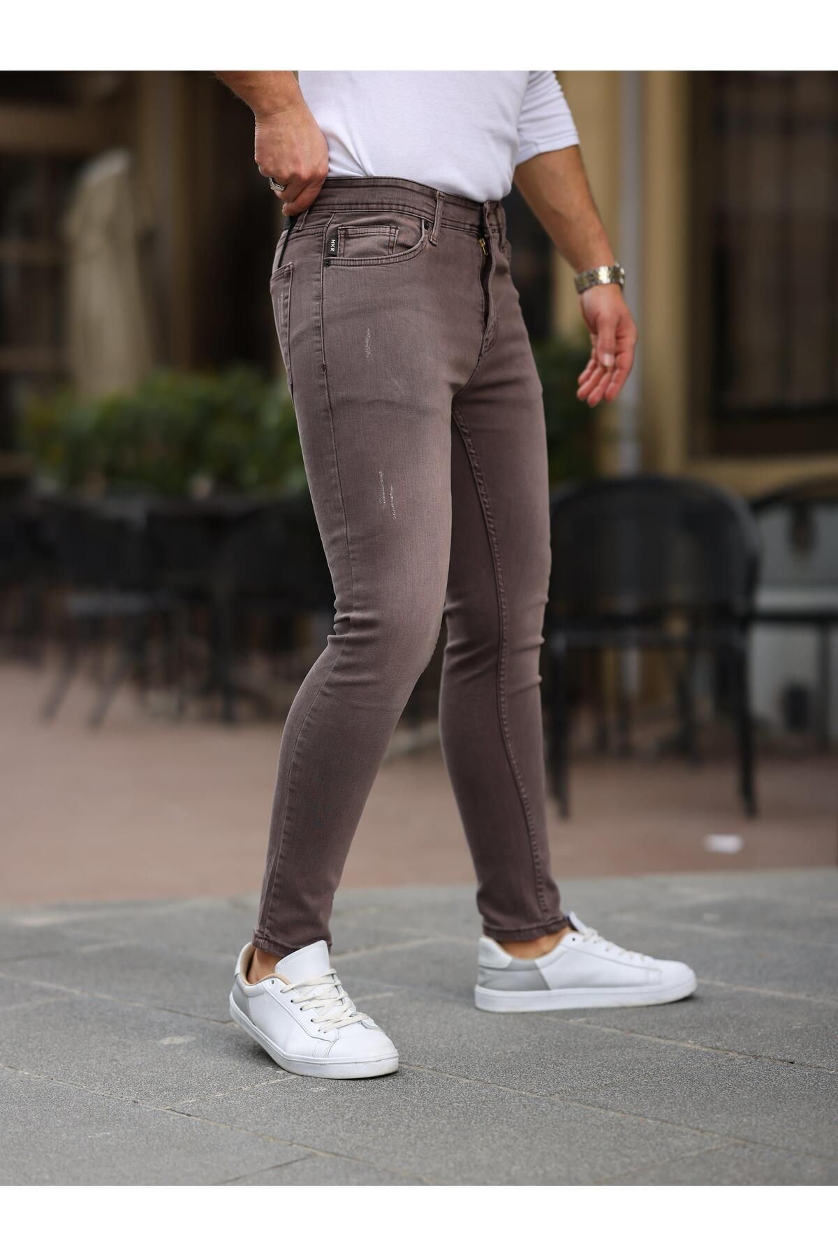 Erkek Jeans Slim Likralı Denim Bordo Kot Pantolon