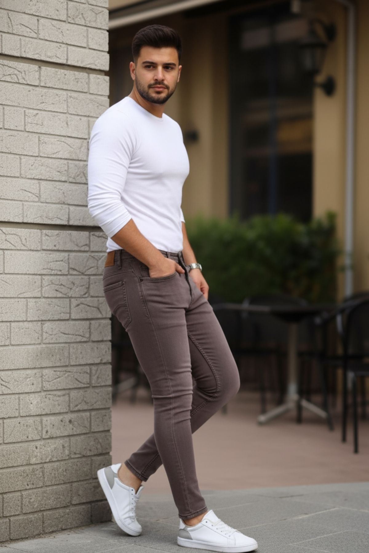 Erkek Jeans Slim Likralı Denim Bordo Kot Pantolon