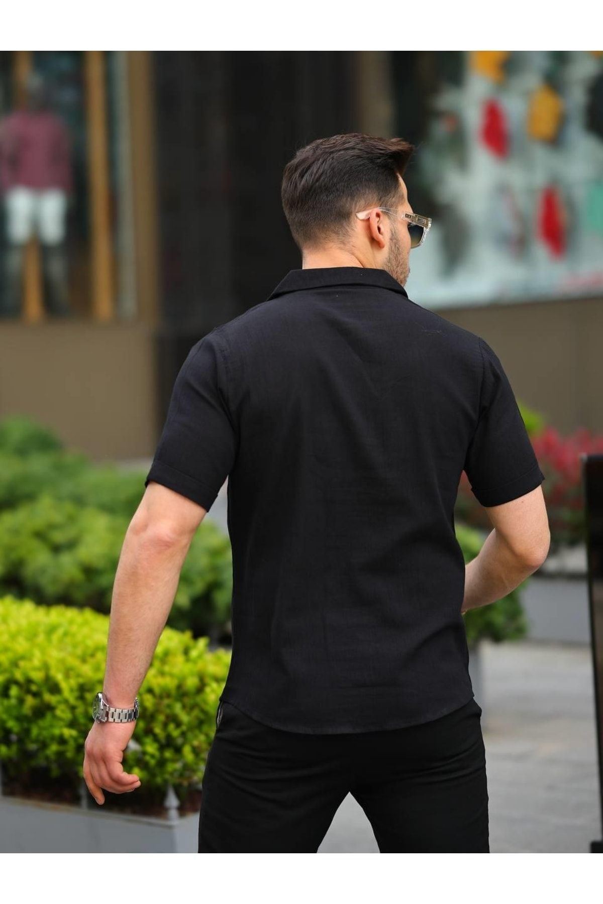 Erkek Keten Kumaş Kısa Kollu Şal Yaka Gömlek