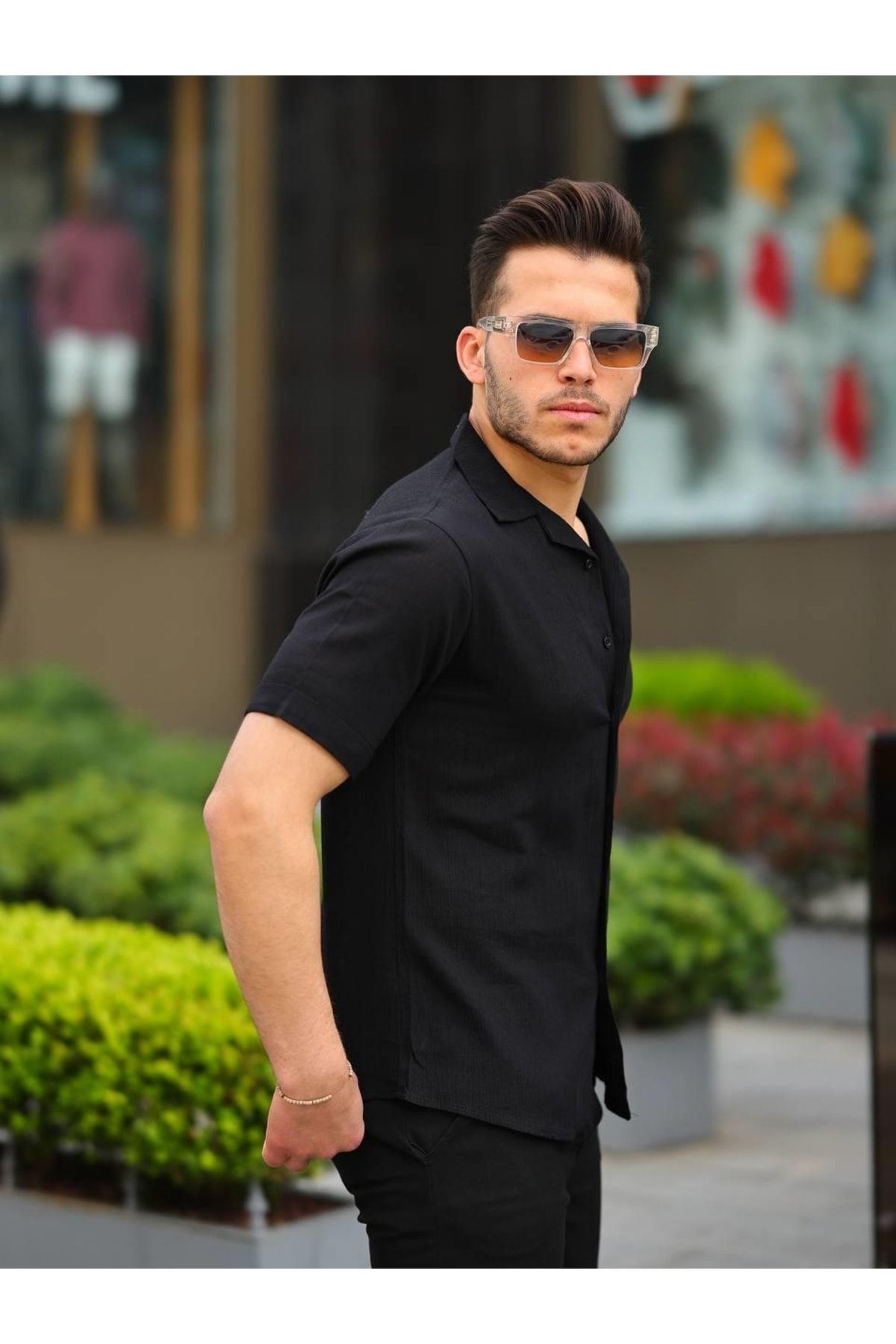 Erkek Keten Kumaş Kısa Kollu Şal Yaka Gömlek